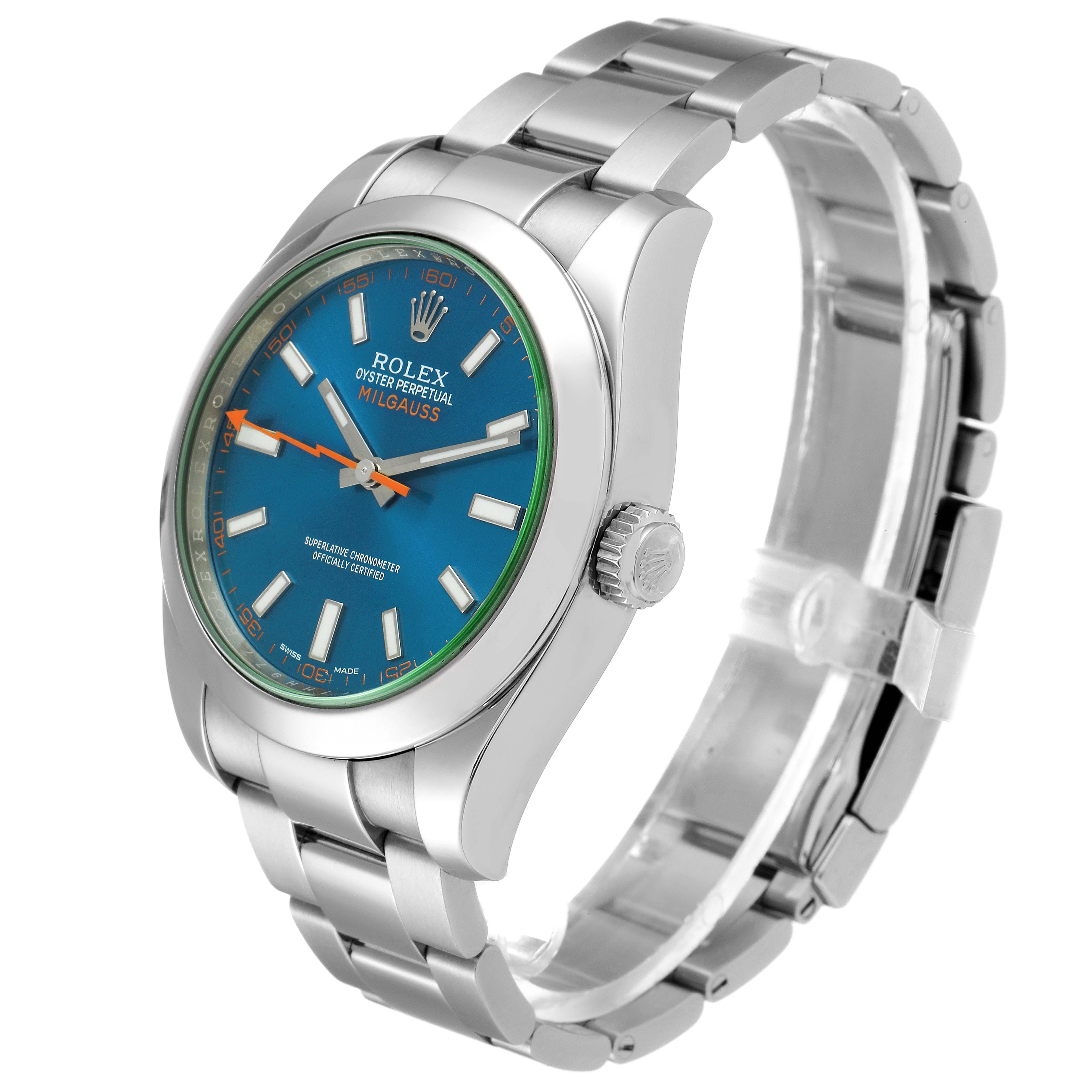 This image shows a side view of the Rolex Milgauss 116400GV Men
s Stainless Steel Blue Dial 116400GV Men
s Stainless Steel Blue Dial watch, highlighting its turquoise dial and stainless steel bracelet.