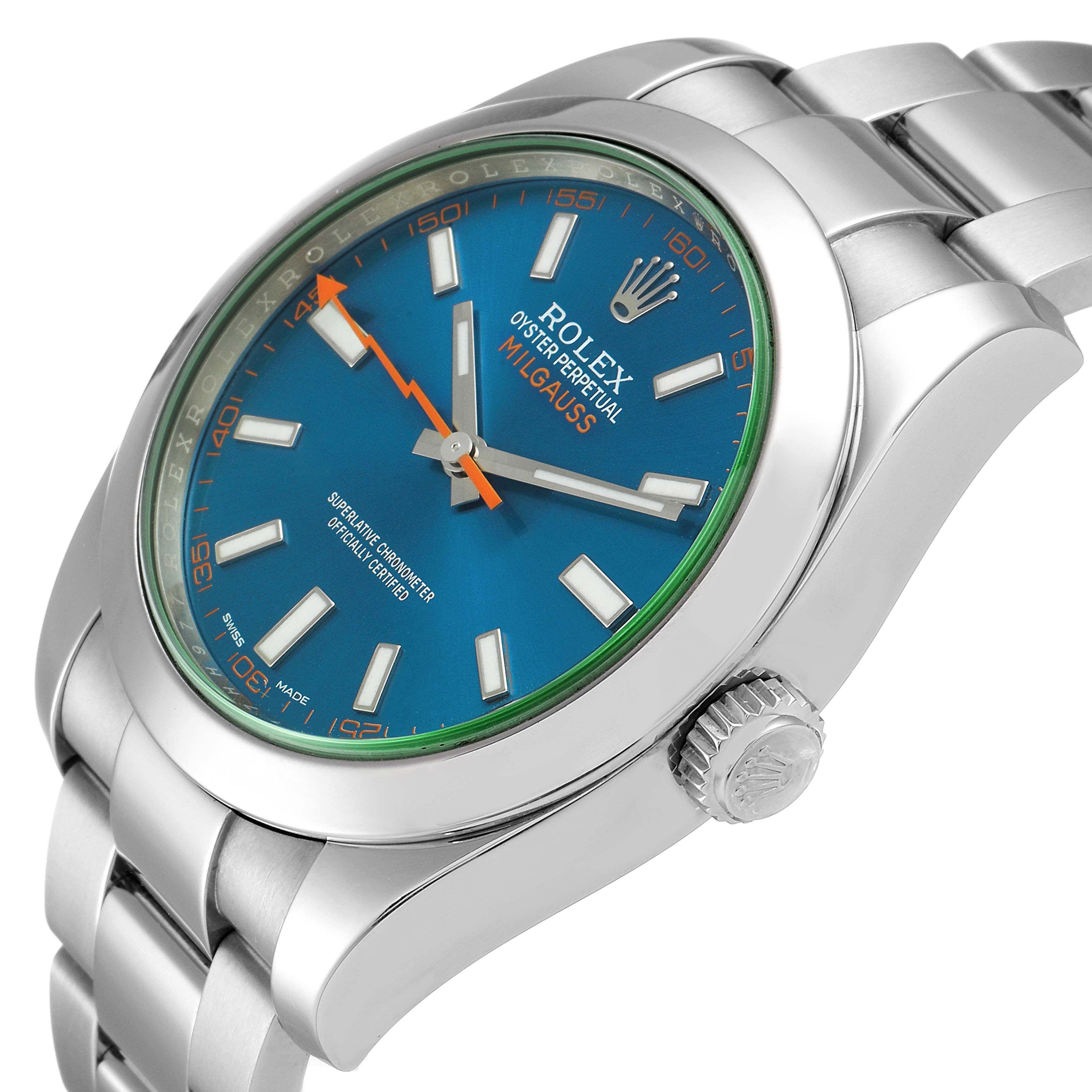 This image shows a Rolex Milgauss 116400GV Men
s Stainless Steel Blue Dial 116400GV Men
s Stainless Steel Blue Dial watch from a side angle, highlighting the watch face, crown, and part of the bracelet.
