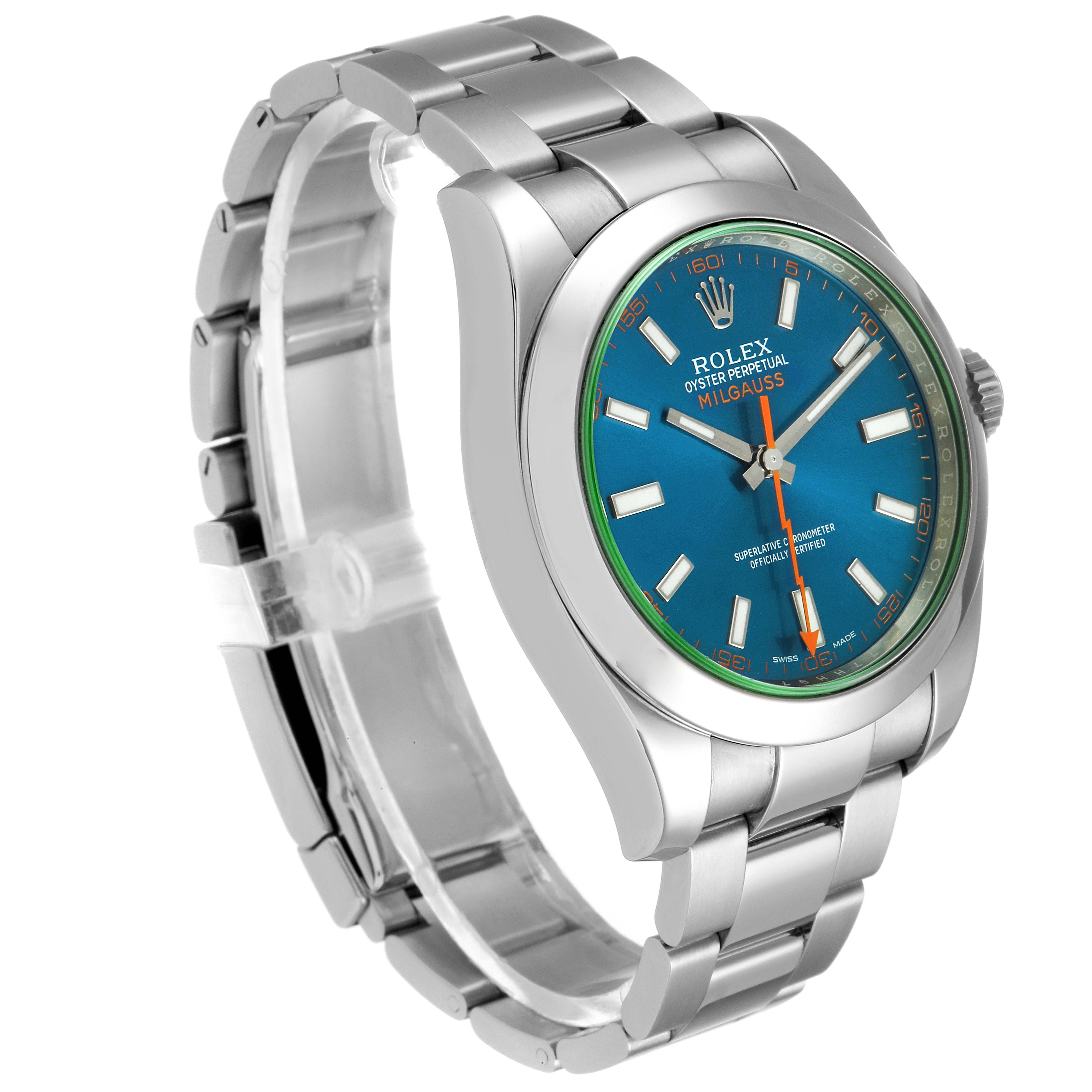 The Rolex Milgauss 116400GV Men
s Stainless Steel Blue Dial 116400GV Men
s Stainless Steel Blue Dial watch is shown at a three-quarter angle, showcasing the face, bracelet, and crown.