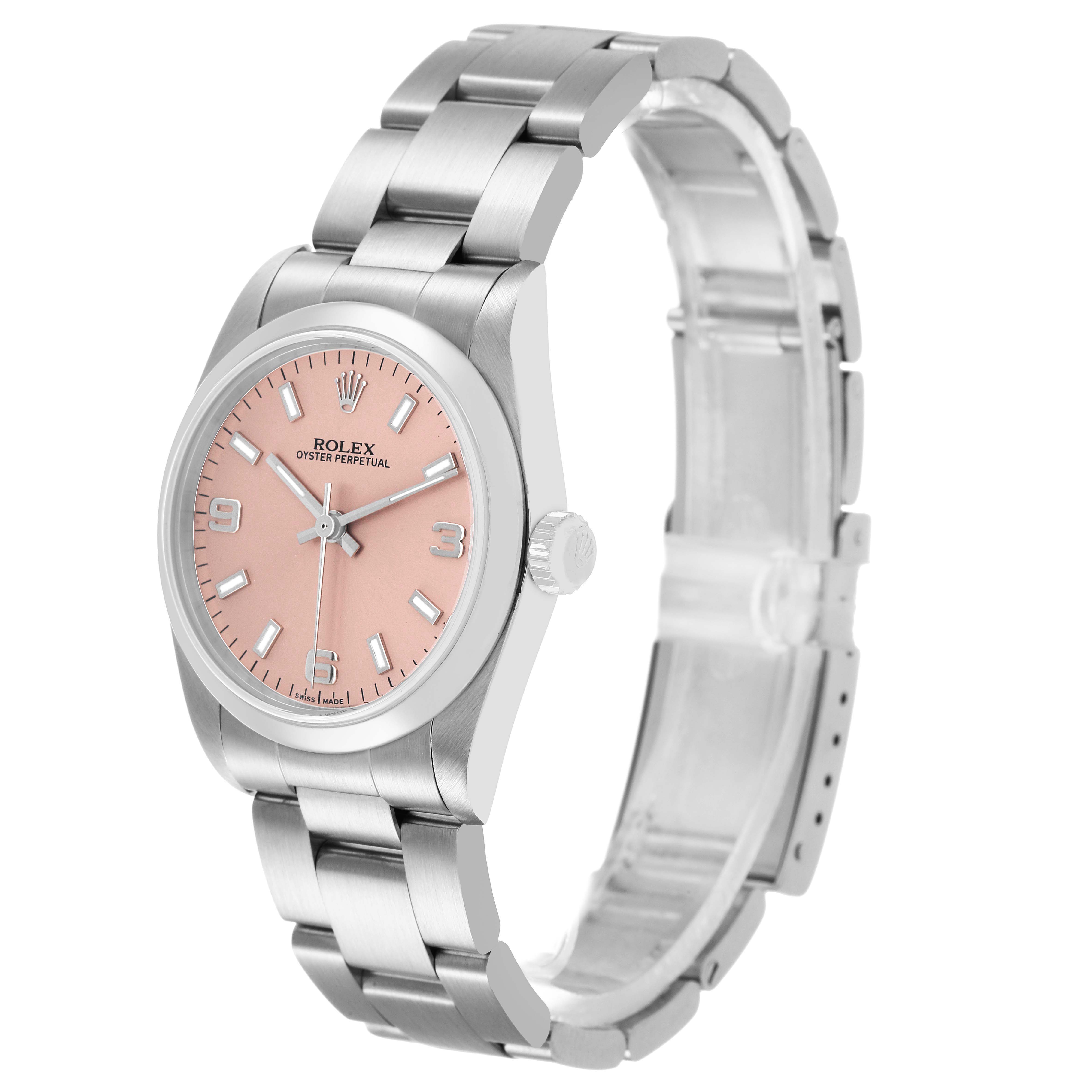 The Rolex Oyster Perpetual 77200 Women's Stainless Steel Pink Dial is shown at a three-quarter angle, displaying the face, bracelet, and crown.