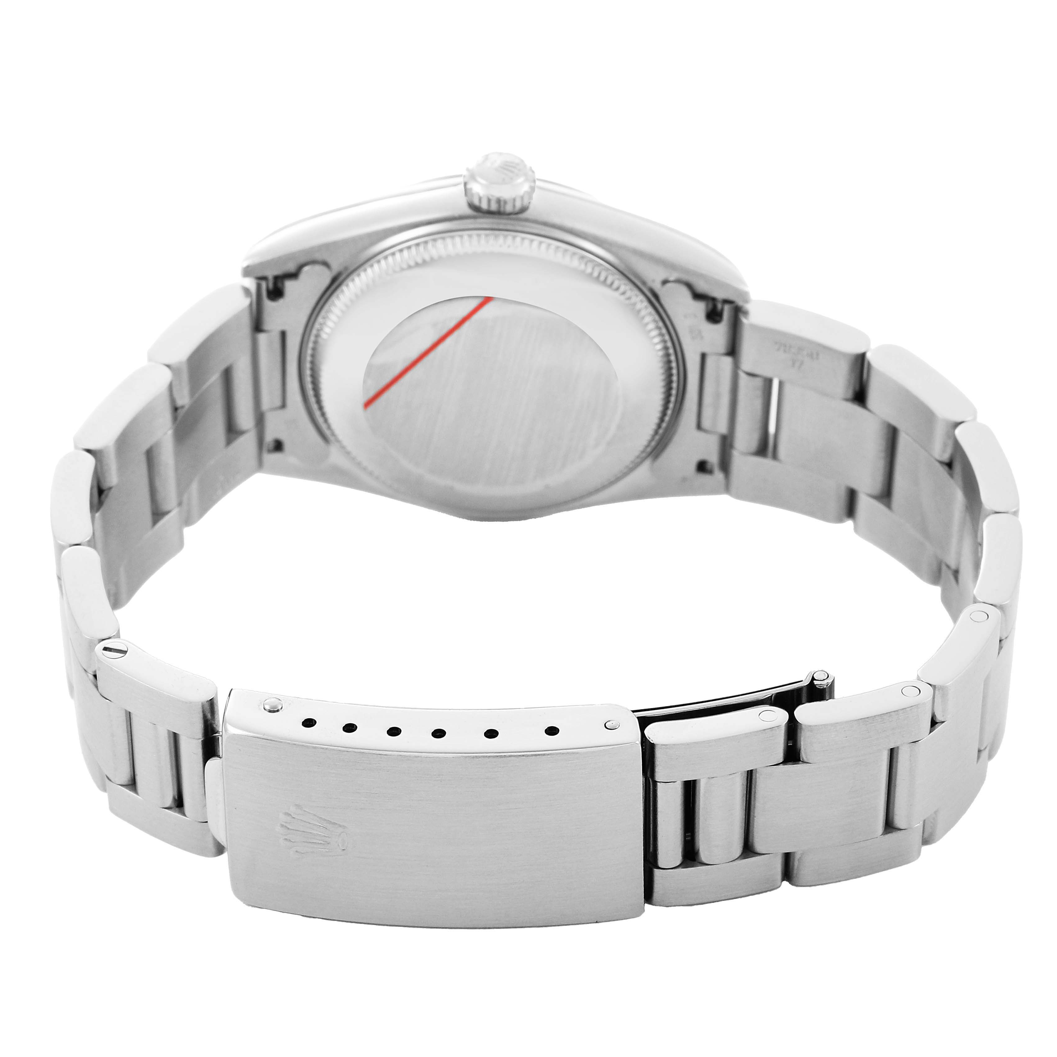 The image shows the back and bracelet of a Rolex Oyster Perpetual 77200 Women's Stainless Steel Pink Dial, highlighting the clasp and case back.