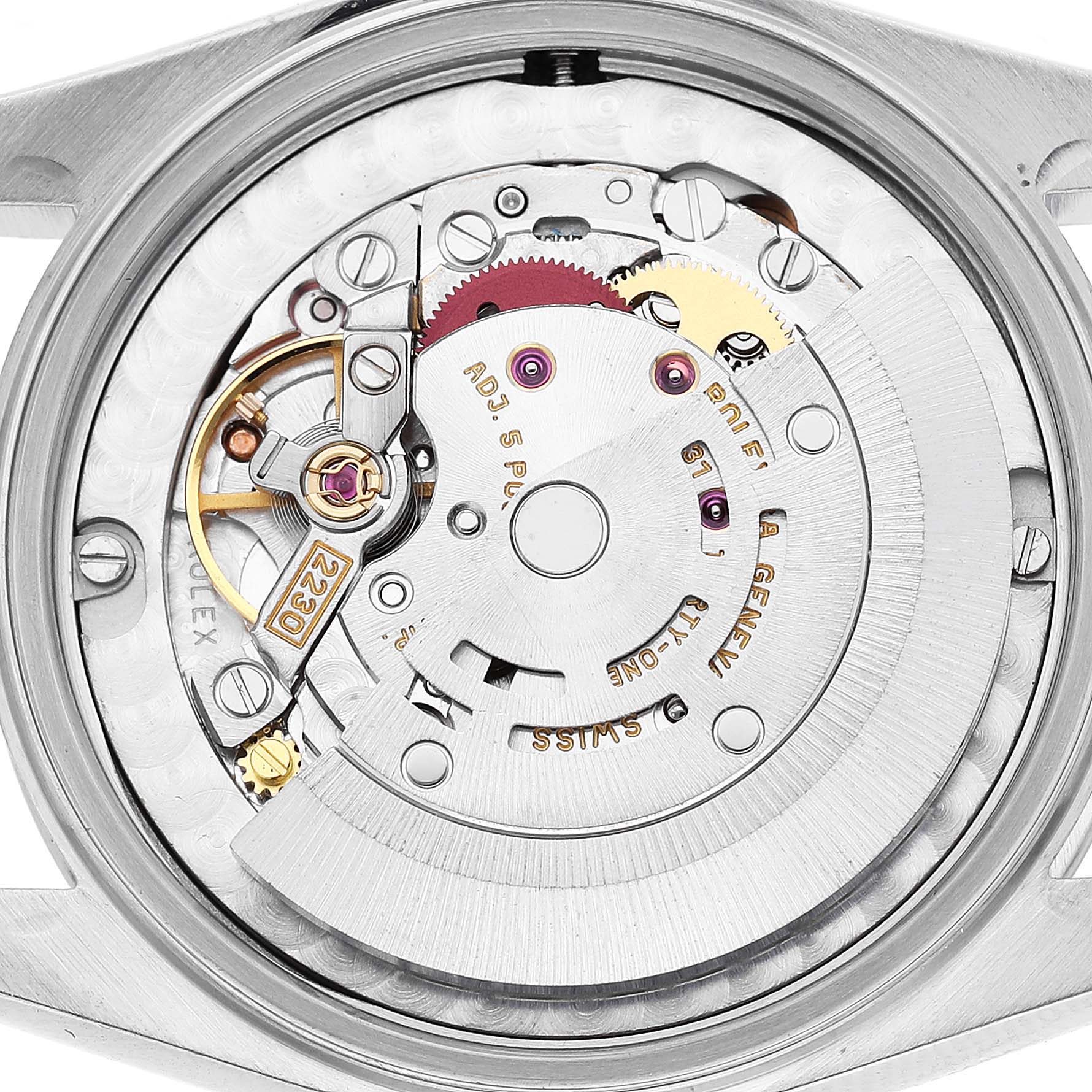 The image shows the movement mechanism of a Rolex Oyster Perpetual 77200 Women's Stainless Steel Pink Dial watch from the back view.