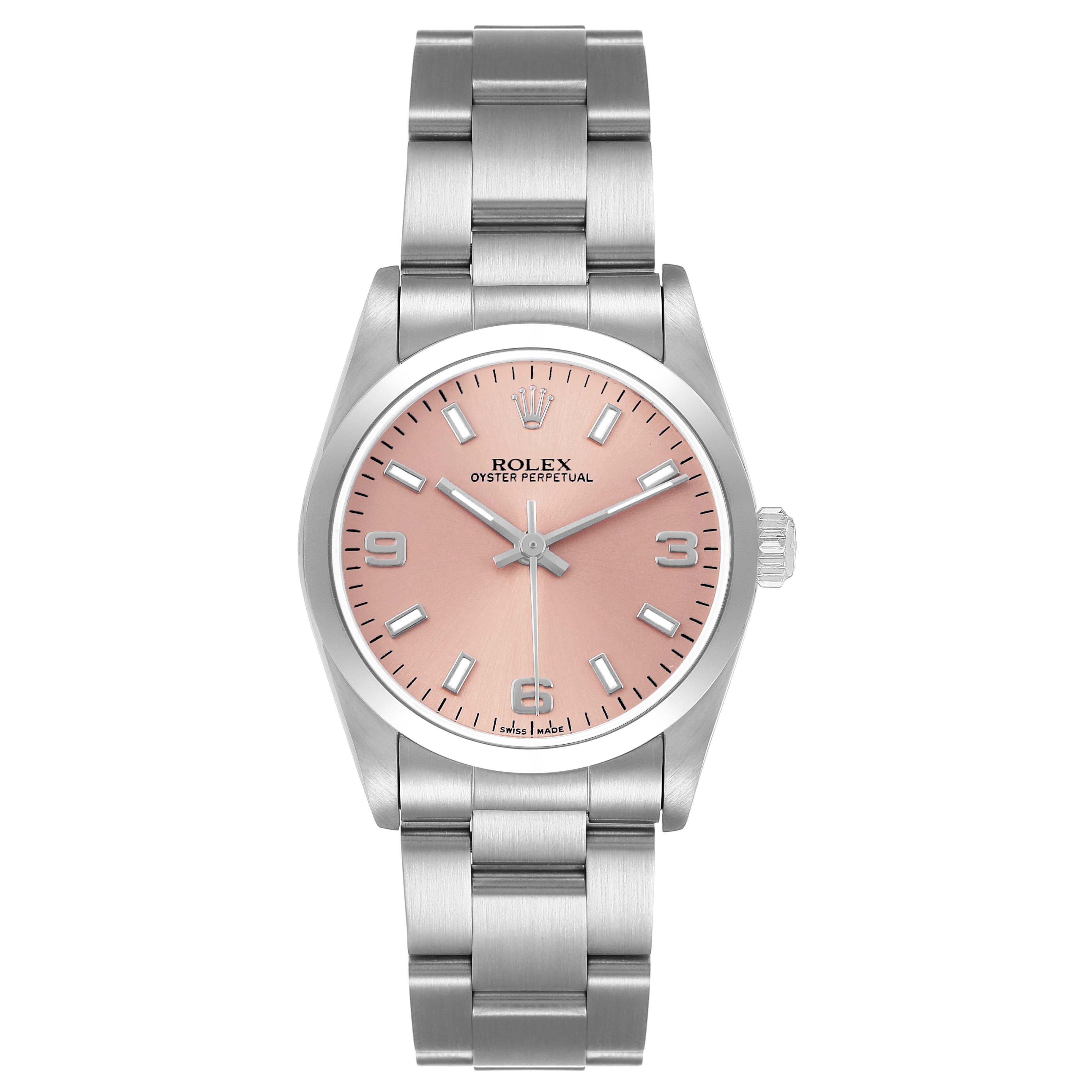 The Rolex Oyster Perpetual 77200 Women's Stainless Steel Pink Dial watch is shown from a top-down angle, highlighting its bracelet, case, and pink dial.