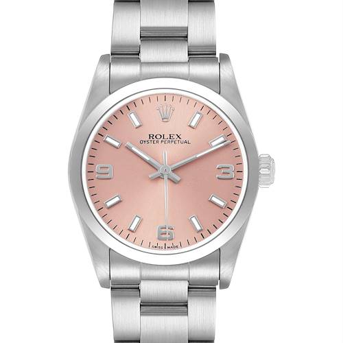 The Rolex Oyster Perpetual 77200 Women's Stainless Steel Pink Dial watch is shown from a front view, highlighting the pink dial, oyster bracelet, and crown.
