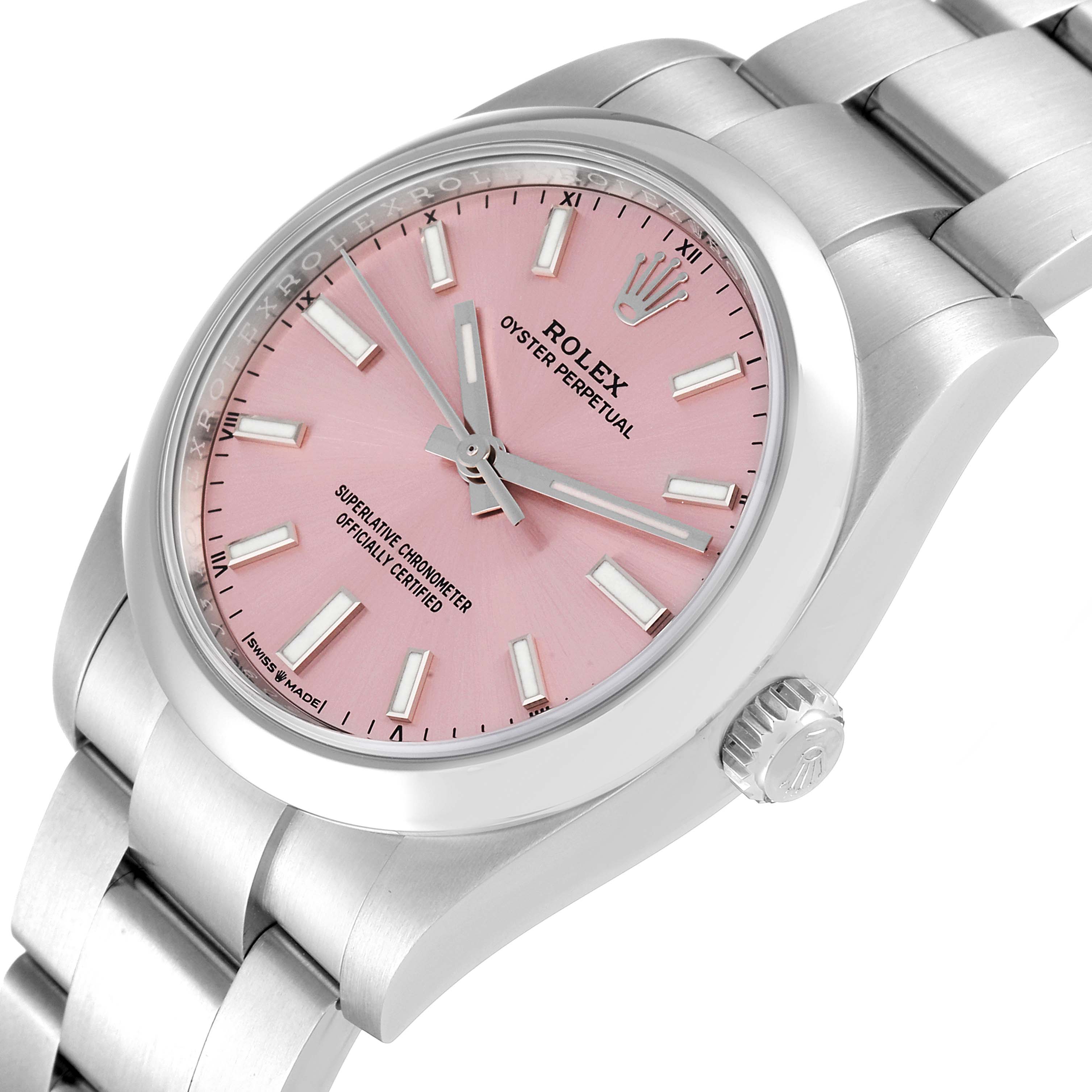 The image shows a Rolex Oyster Perpetual 124200 Men
s Stainless Steel Pink Dial 124200 Men
s Stainless Steel Pink Dial watch at an angled close-up, highlighting its pink dial, crown, and stainless steel bracelet.