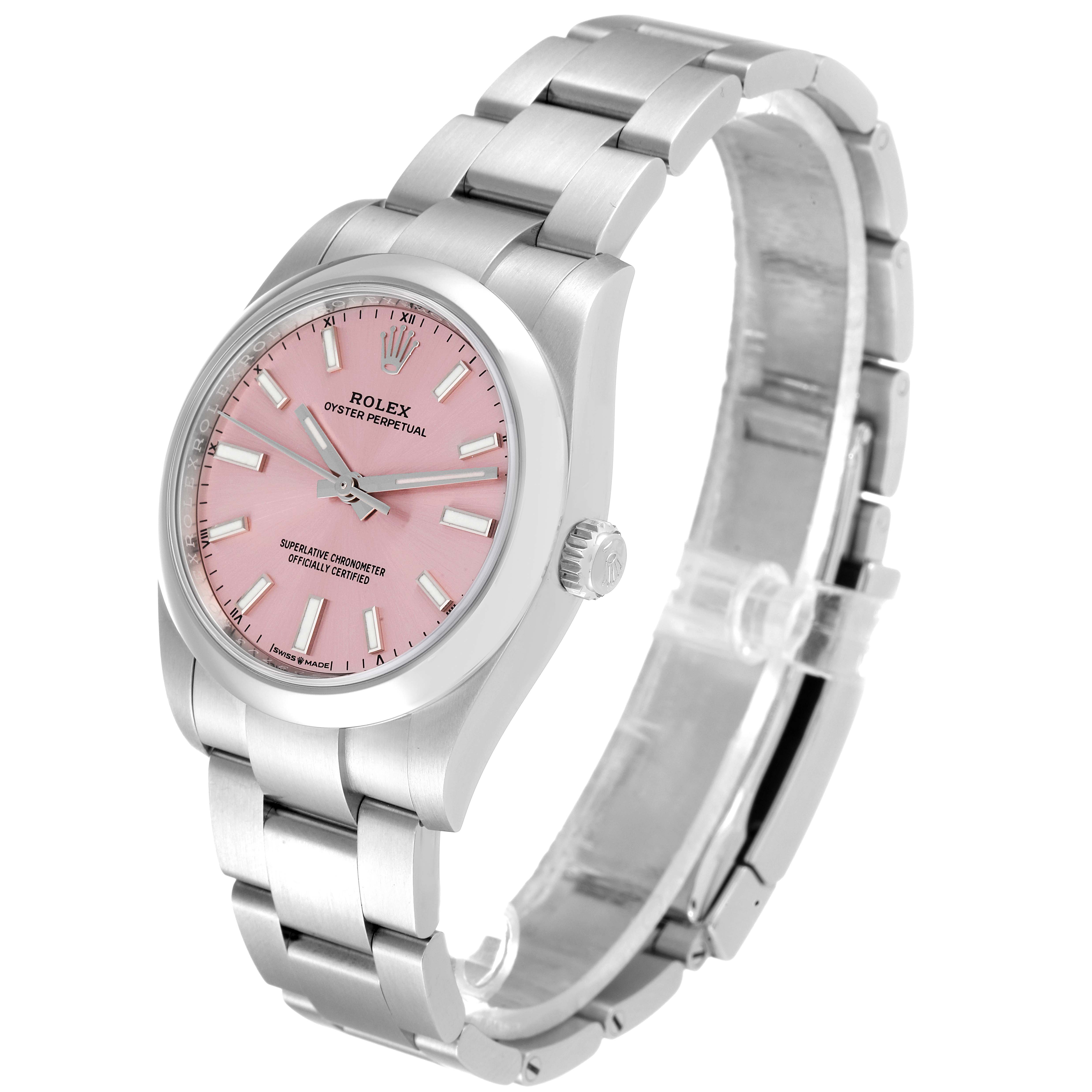 The image shows a Rolex Oyster Perpetual 124200 Men
s Stainless Steel Pink Dial 124200 Men
s Stainless Steel Pink Dial watch at an angled view highlighting its pink dial and stainless steel bracelet.