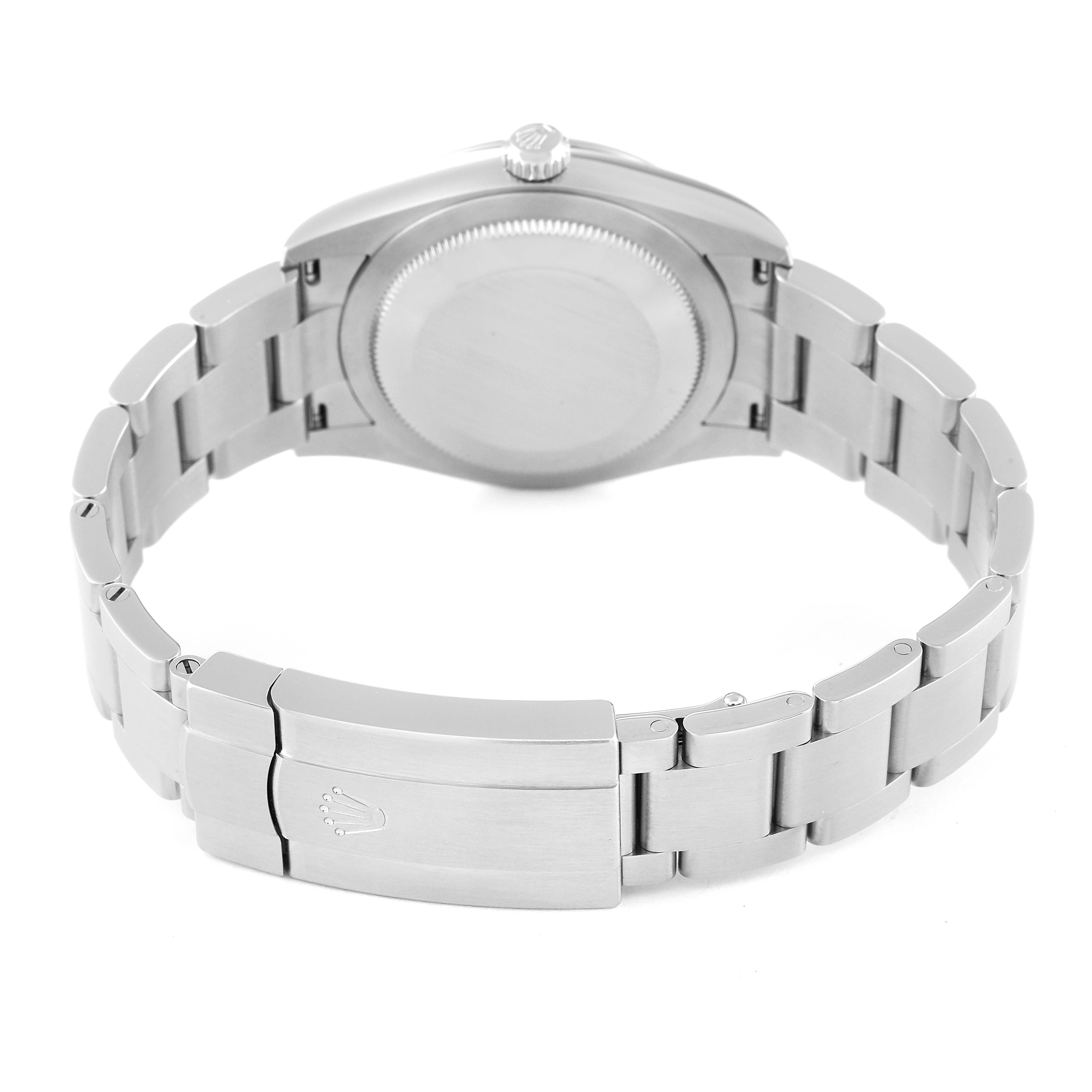 This image shows the back and bracelet of a Rolex Oyster Perpetual 124200 Men
s Stainless Steel Pink Dial 124200 Men
s Stainless Steel Pink Dial watch, featuring the clasp and caseback.