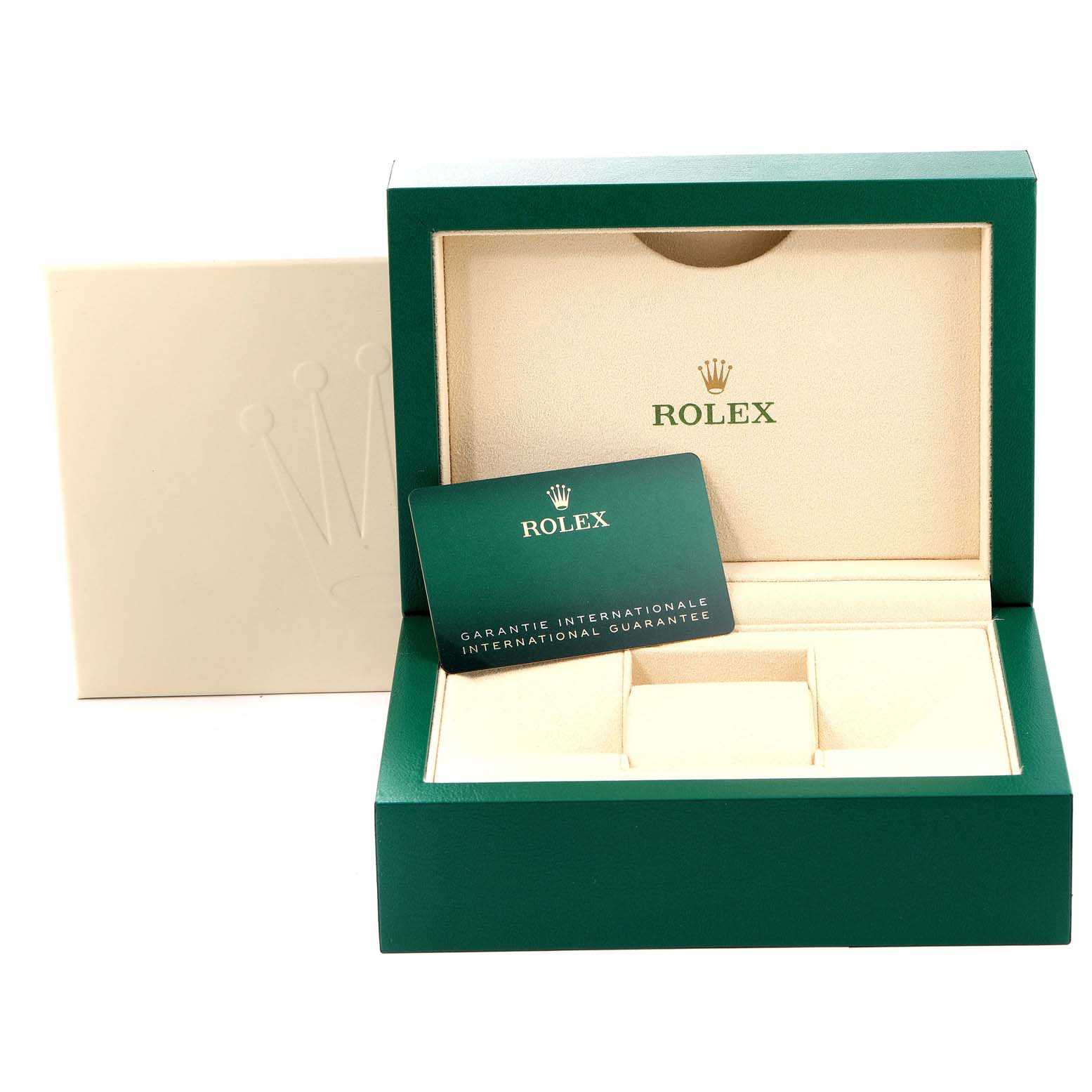 Rolex Oyster Perpetual 124200 Men
s Stainless Steel Pink Dial 124200 Men
s Stainless Steel Pink Dial watch box and warranty card are shown at an angle, opened to display the interior.