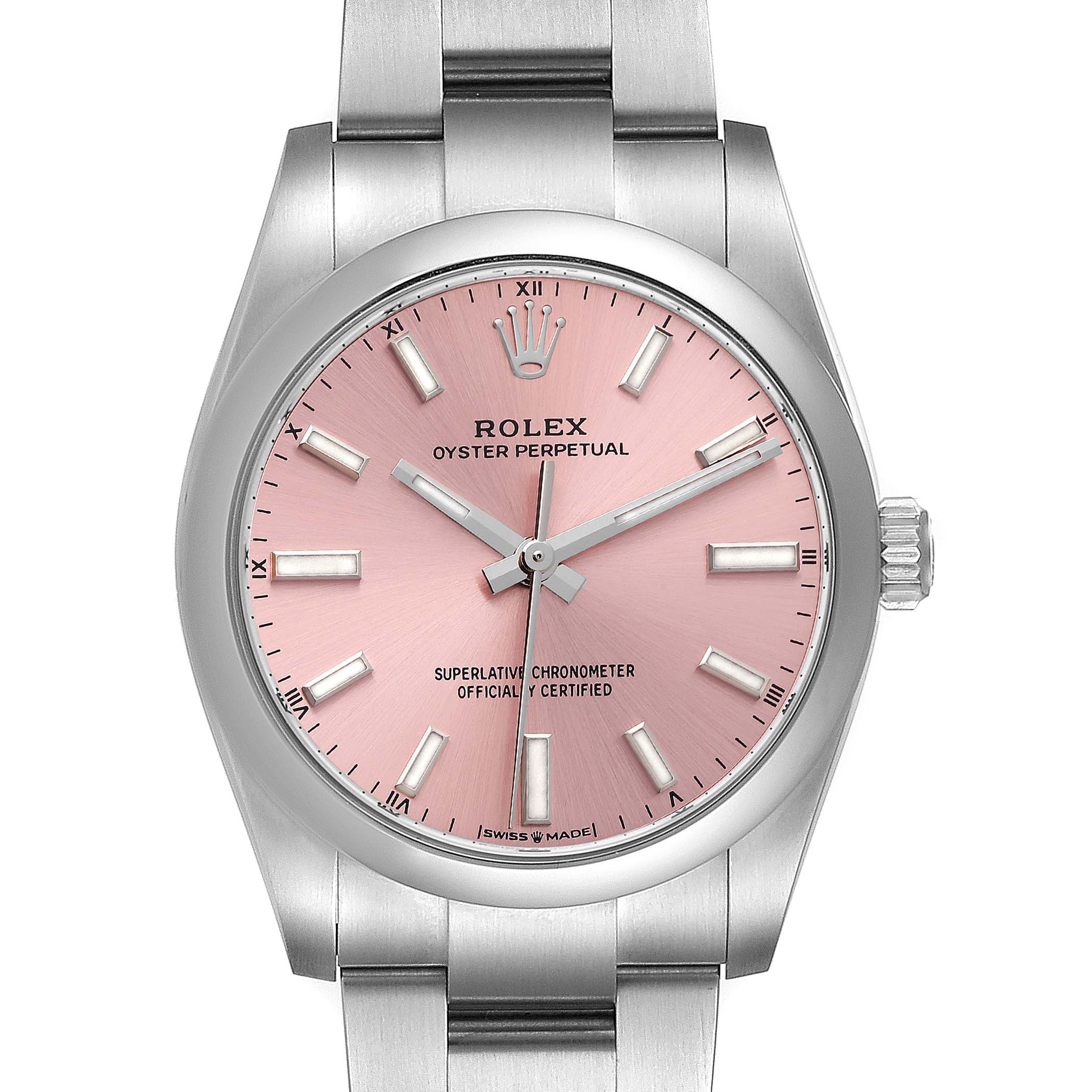 This image shows a frontal view of a Rolex Oyster Perpetual 124200 Men
s Stainless Steel Pink Dial 124200 Men
s Stainless Steel Pink Dial watch with a pink dial and a metal bracelet.