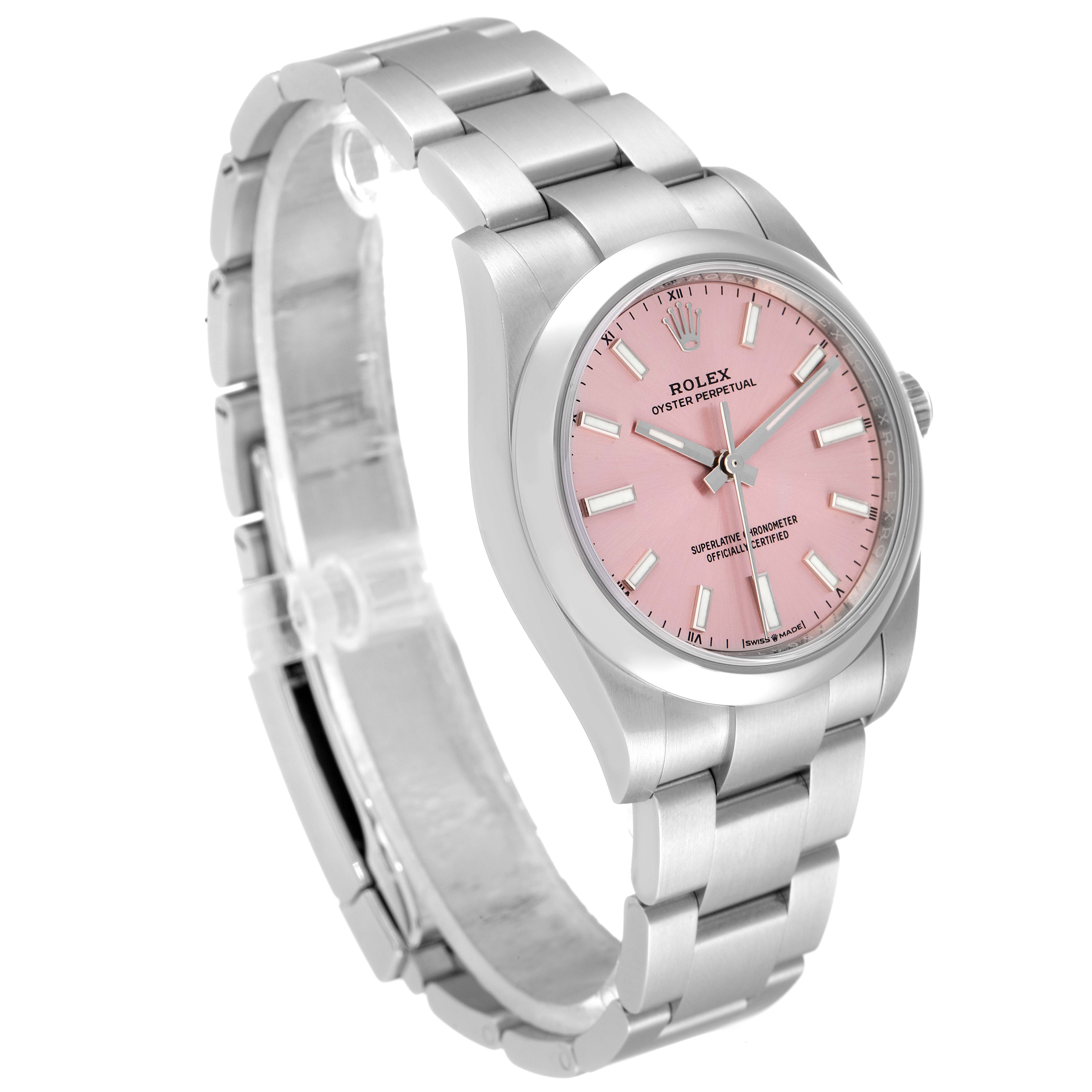 The image shows a side/front view of a Rolex Oyster Perpetual 124200 Men
s Stainless Steel Pink Dial 124200 Men
s Stainless Steel Pink Dial watch with a pink dial and stainless steel bracelet.
