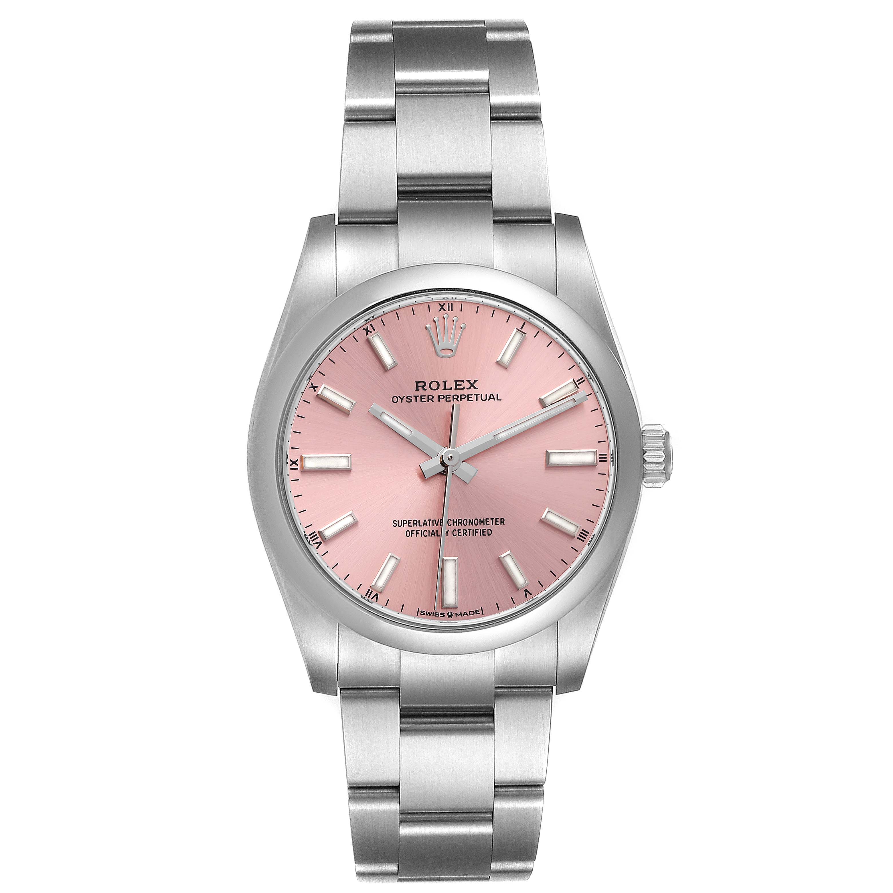 The image shows the front view of a Rolex Oyster Perpetual 124200 Men
s Stainless Steel Pink Dial 124200 Men
s Stainless Steel Pink Dial watch with a pink dial and stainless steel bracelet.