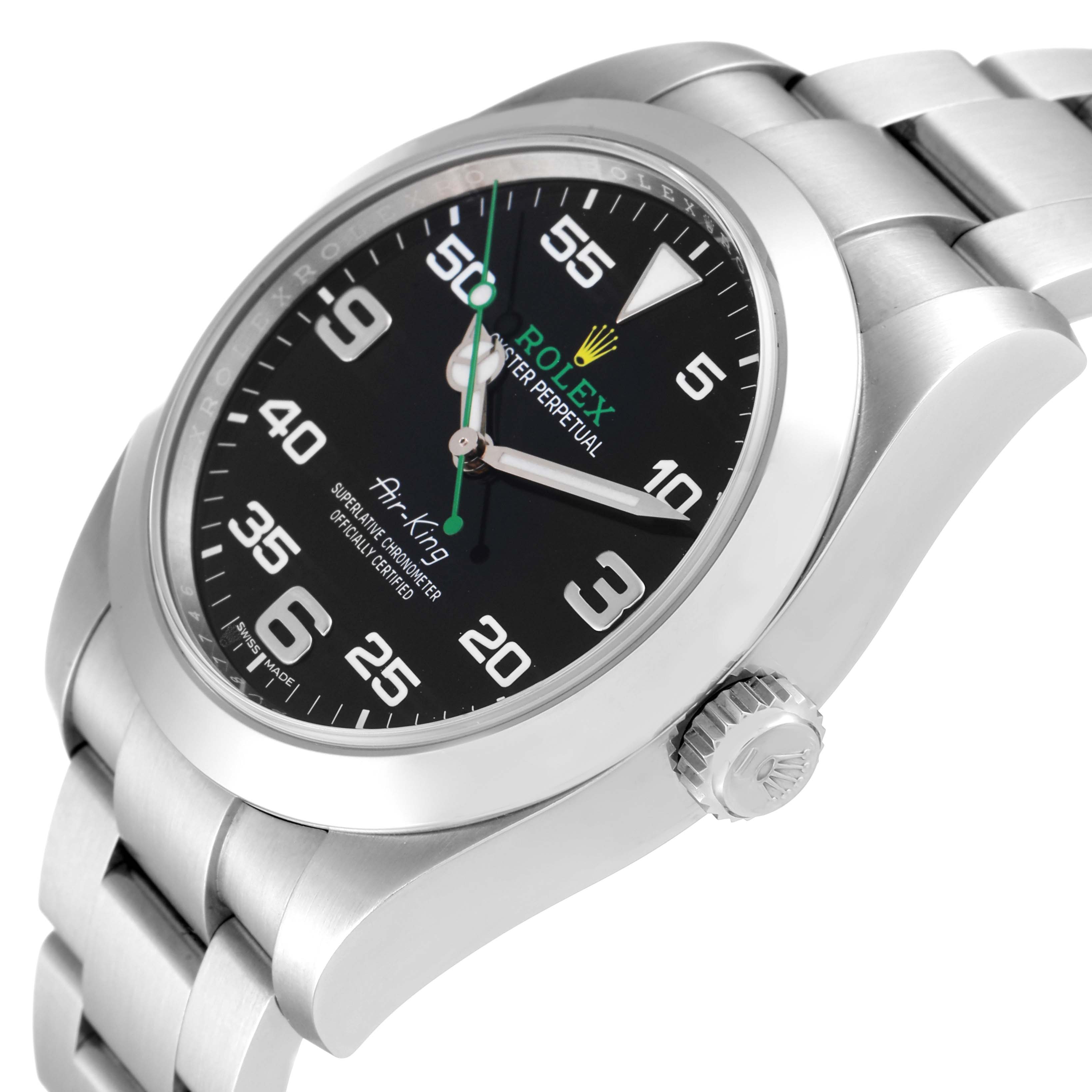 The image shows the face, crown, and part of the bracelet of the Rolex Air-King 116900 Men's Stainless Steel Black Dial 116900 Men's Stainless Steel Black Dial watch from an angled side view.