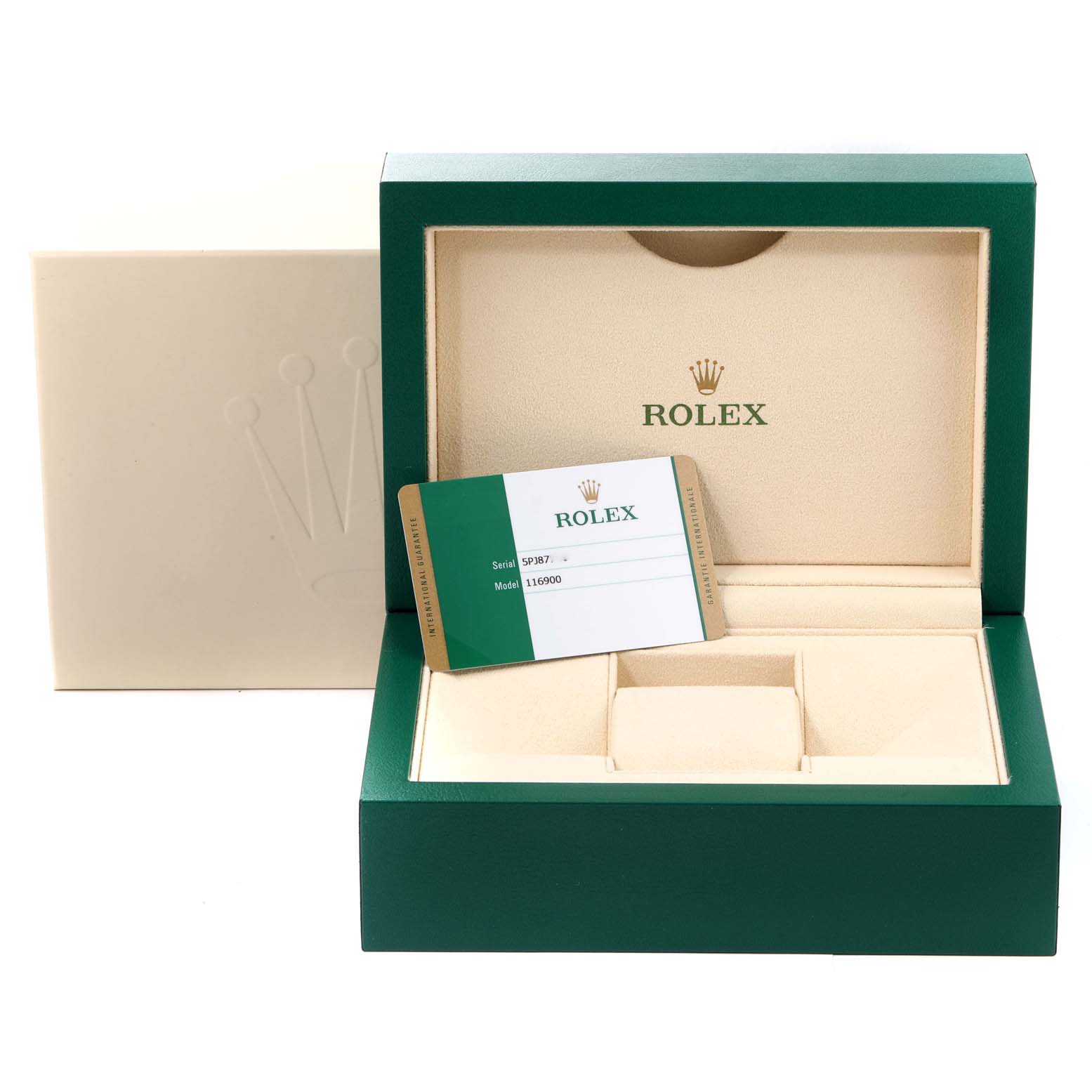 The image shows an open Rolex Air-King 116900 Men's Stainless Steel Black Dial 116900 Men's Stainless Steel Black Dial watch box with an authenticity card inside.