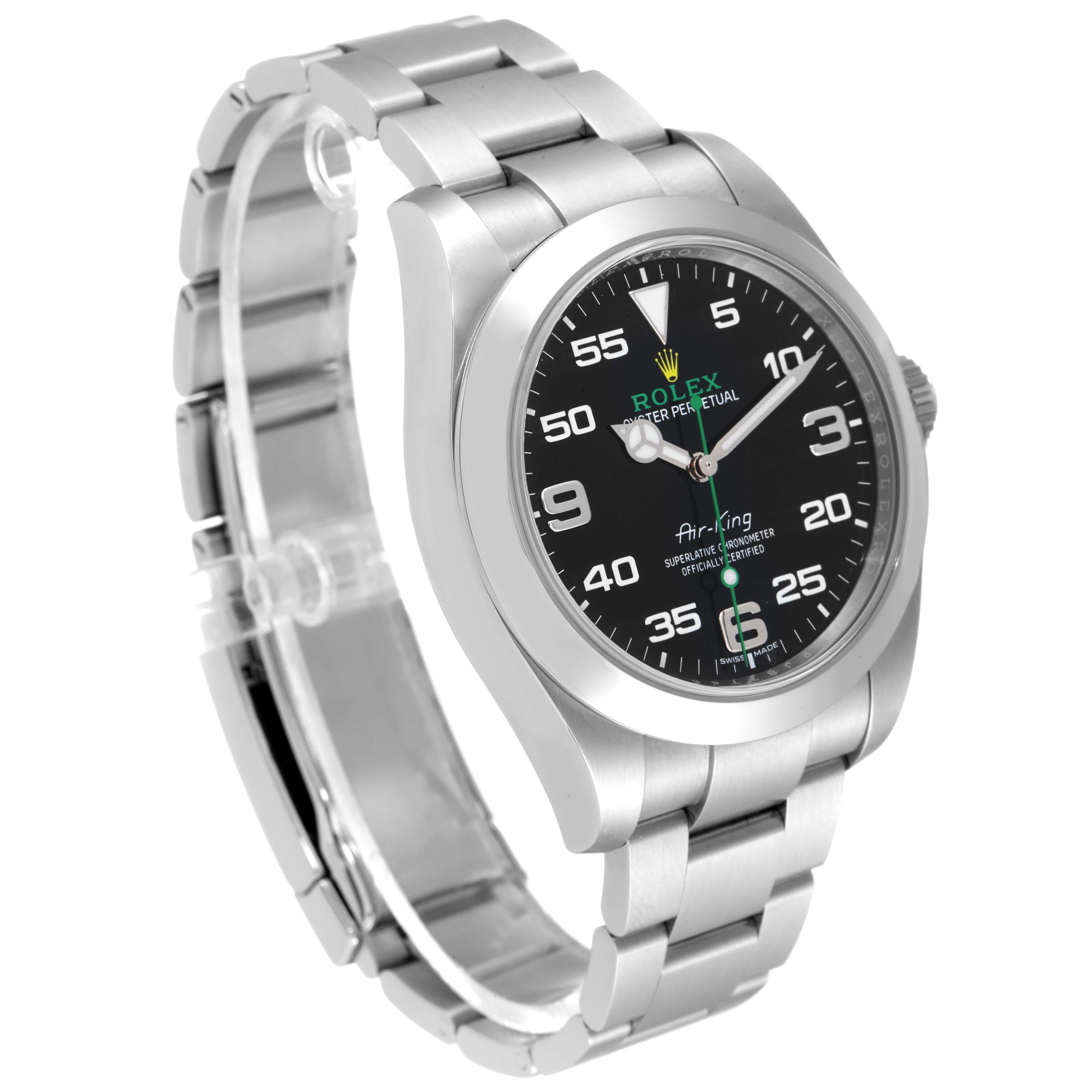 The image shows a Rolex Air-King 116900 Men's Stainless Steel Black Dial 116900 Men's Stainless Steel Black Dial watch at a three-quarter angle, displaying the face, bezel, and bracelet.