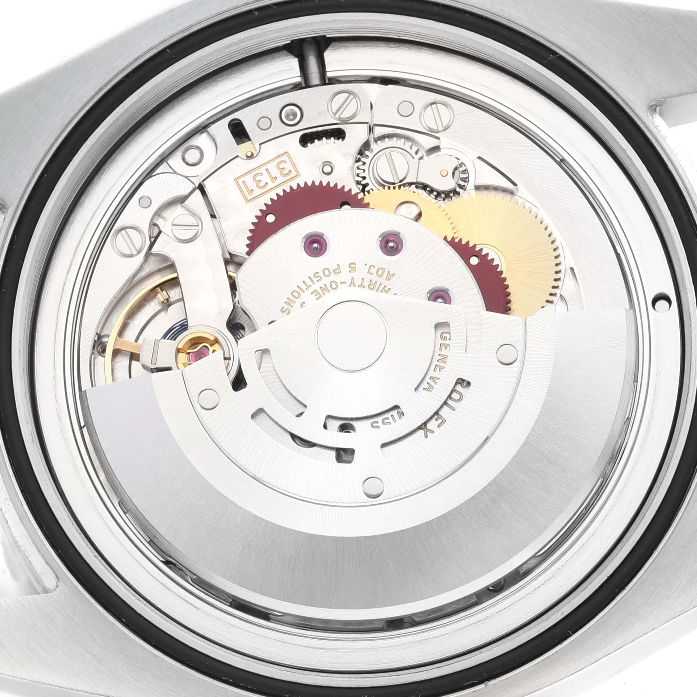 The image shows the internal mechanical movement of a Rolex Air-King 116900 Men's Stainless Steel Black Dial 116900 Men's Stainless Steel Black Dial model watch from a back angle.