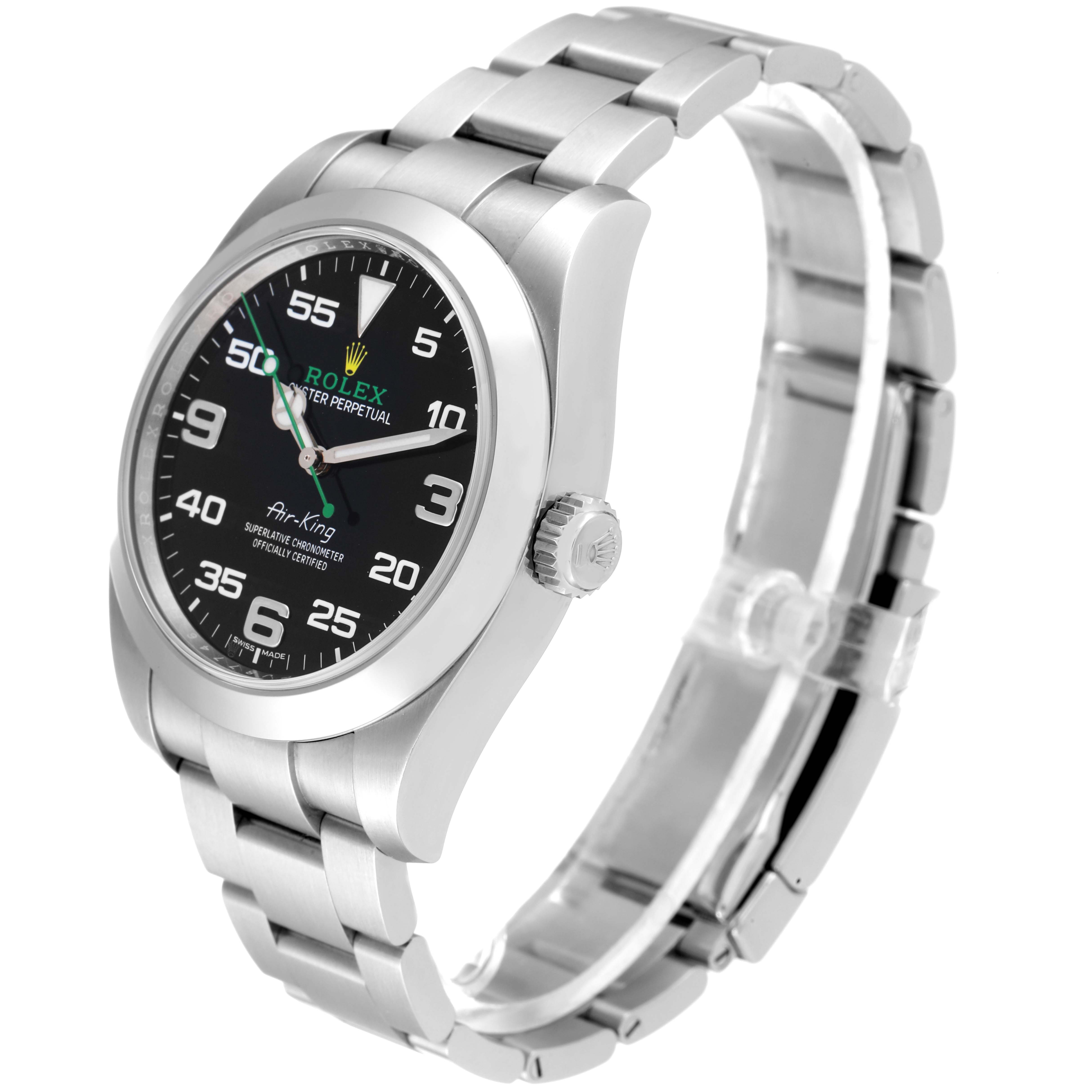 The Rolex Air-King 116900 Men's Stainless Steel Black Dial 116900 Men's Stainless Steel Black Dial watch is shown at an angle emphasizing its face, crown, and part of the bracelet.