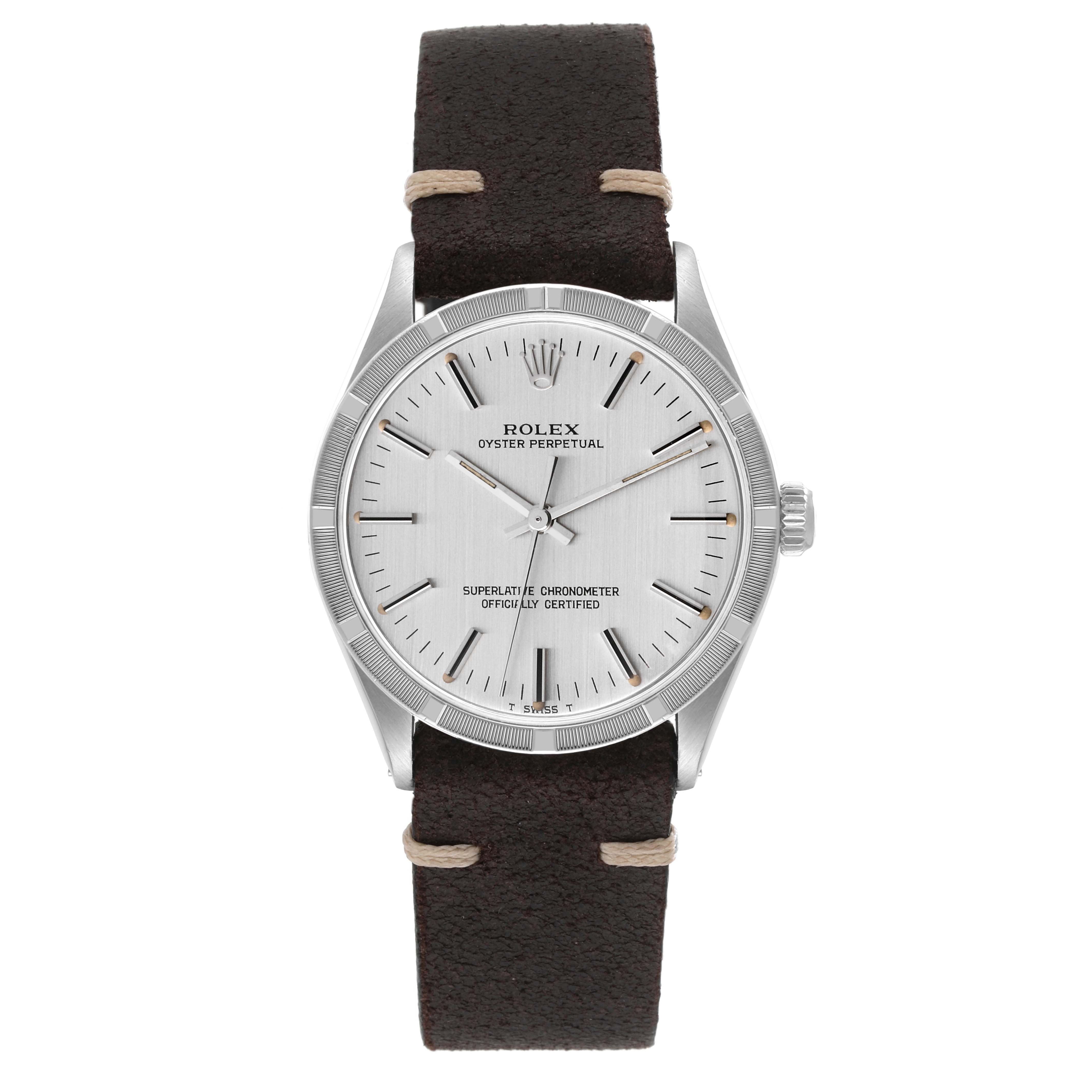 This Rolex Vintage Collection 1007 Men's Stainless Steel Silver Dial 1007 Men's Stainless Steel Silver Dial model watch is shown from the front, displaying its dial, case, crown, and leather strap.