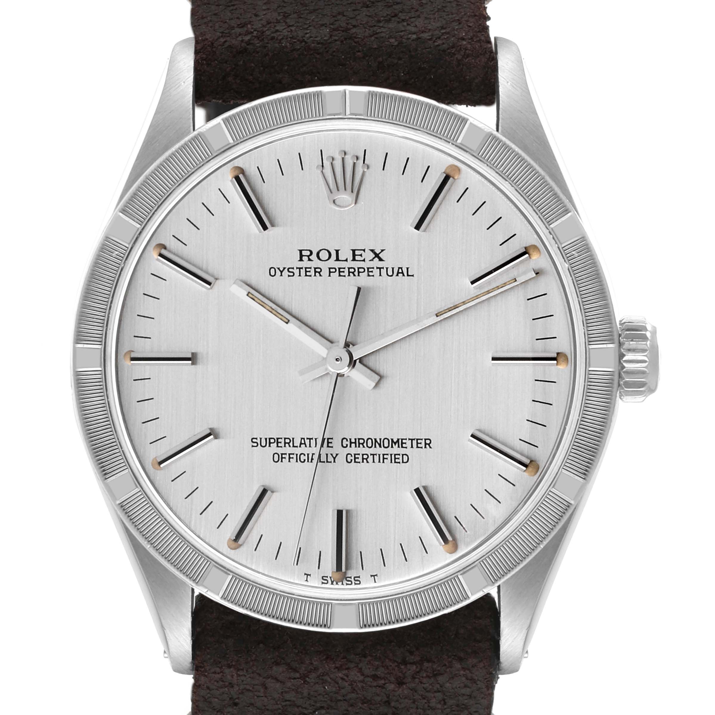 The image shows a frontal view of a Rolex Vintage Collection 1007 Men's Stainless Steel Silver Dial 1007 Men's Stainless Steel Silver Dial Oyster Perpetual watch, highlighting its dial, hands, and bezel.