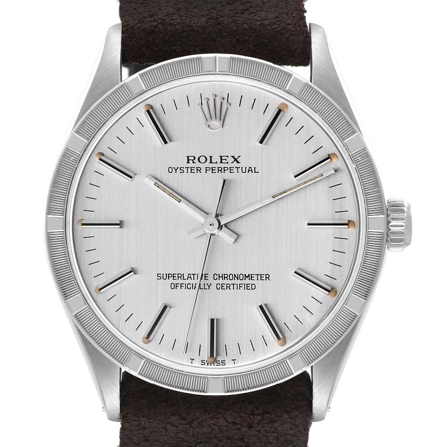 Rolex Oyster Perpetual Linen Dial Engine Turned Bezel Vintage Mens Watch 1007 SwissWatchExpo