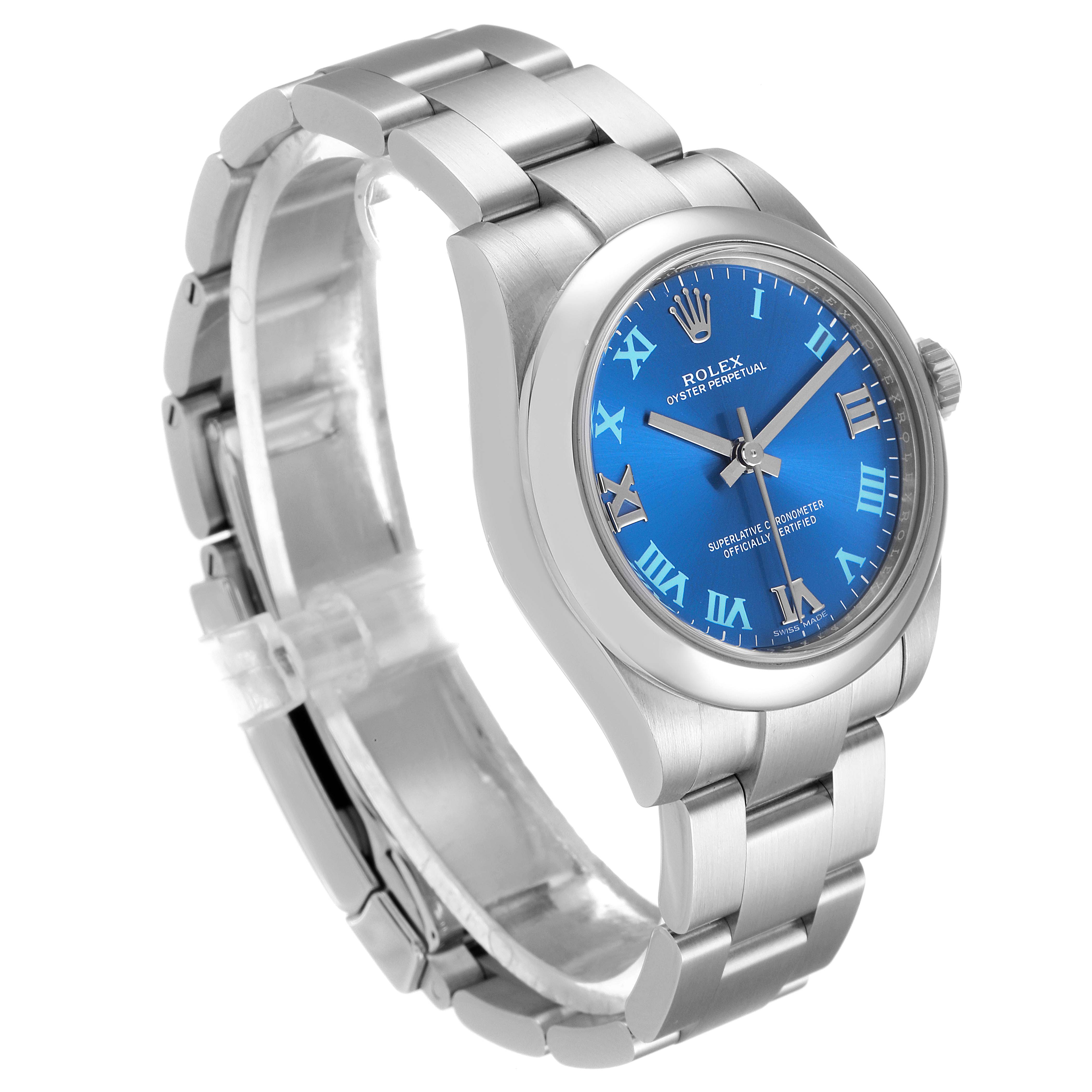 This Rolex Mid-Size 177200 Women
s Stainless Steel Blue Dial 177200 Women
s Stainless Steel Blue Dial model watch is shown at an angled view, highlighting the blue dial, case, and stainless steel bracelet.
