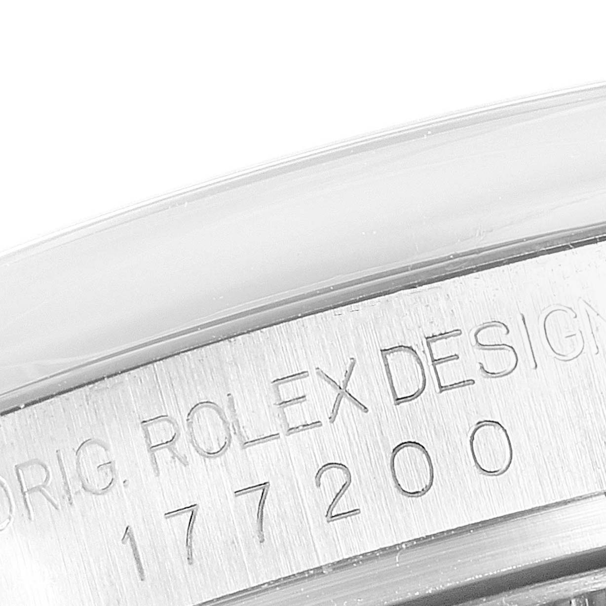 This image shows a close-up of the side engravings on a Rolex Mid-Size 177200 Women
s Stainless Steel Blue Dial 177200 Women
s Stainless Steel Blue Dial watch, revealing the model number "177200."