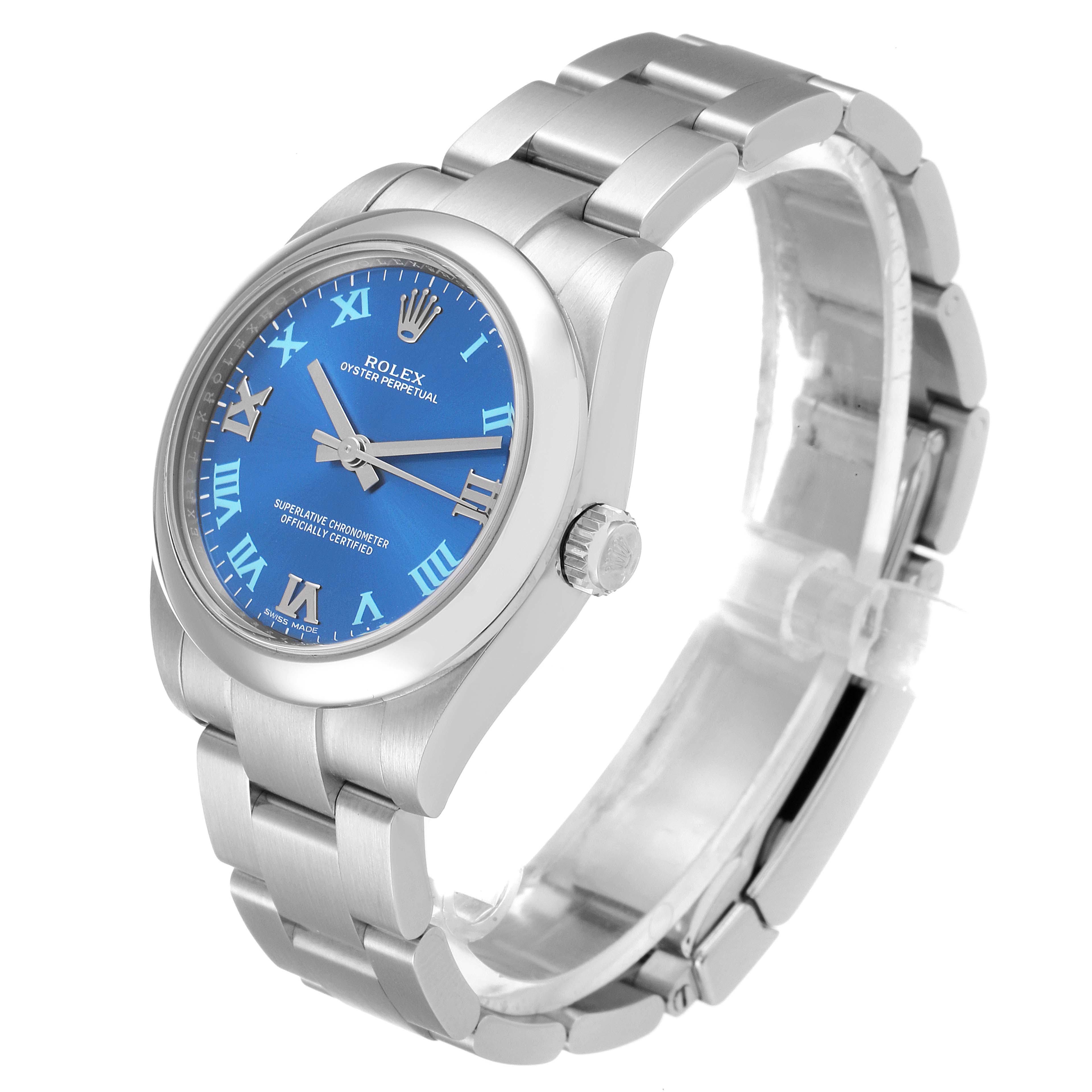 This image shows a Rolex Oyster Perpetual Mid-Size watch angled from the front right, highlighting its blue dial and stainless steel bracelet.
