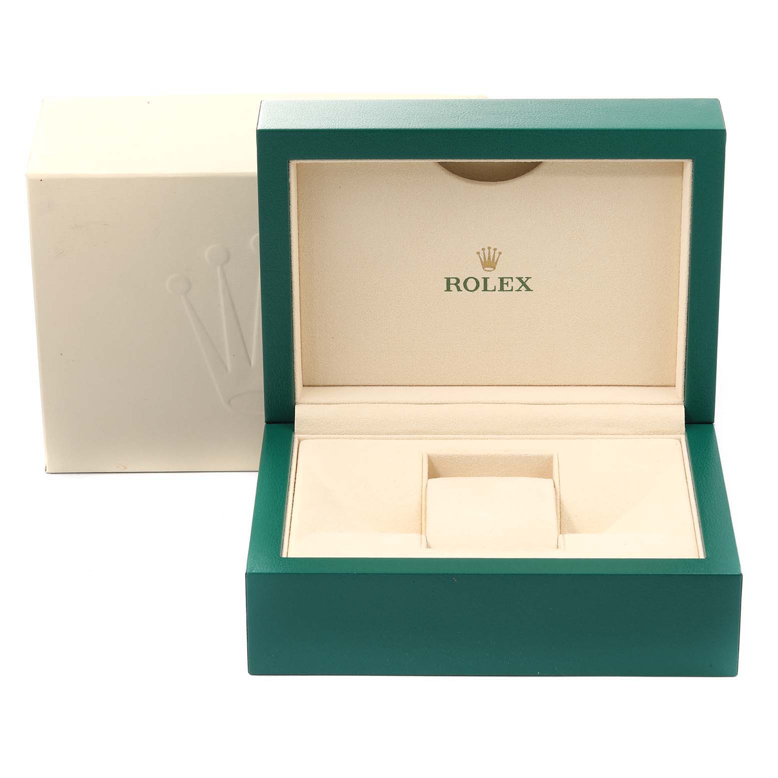 The image shows a Rolex Mid-Size 177200 Women
s Stainless Steel Blue Dial 177200 Women
s Stainless Steel Blue Dial model watch box, open to reveal a cushioned interior for holding the watch.
