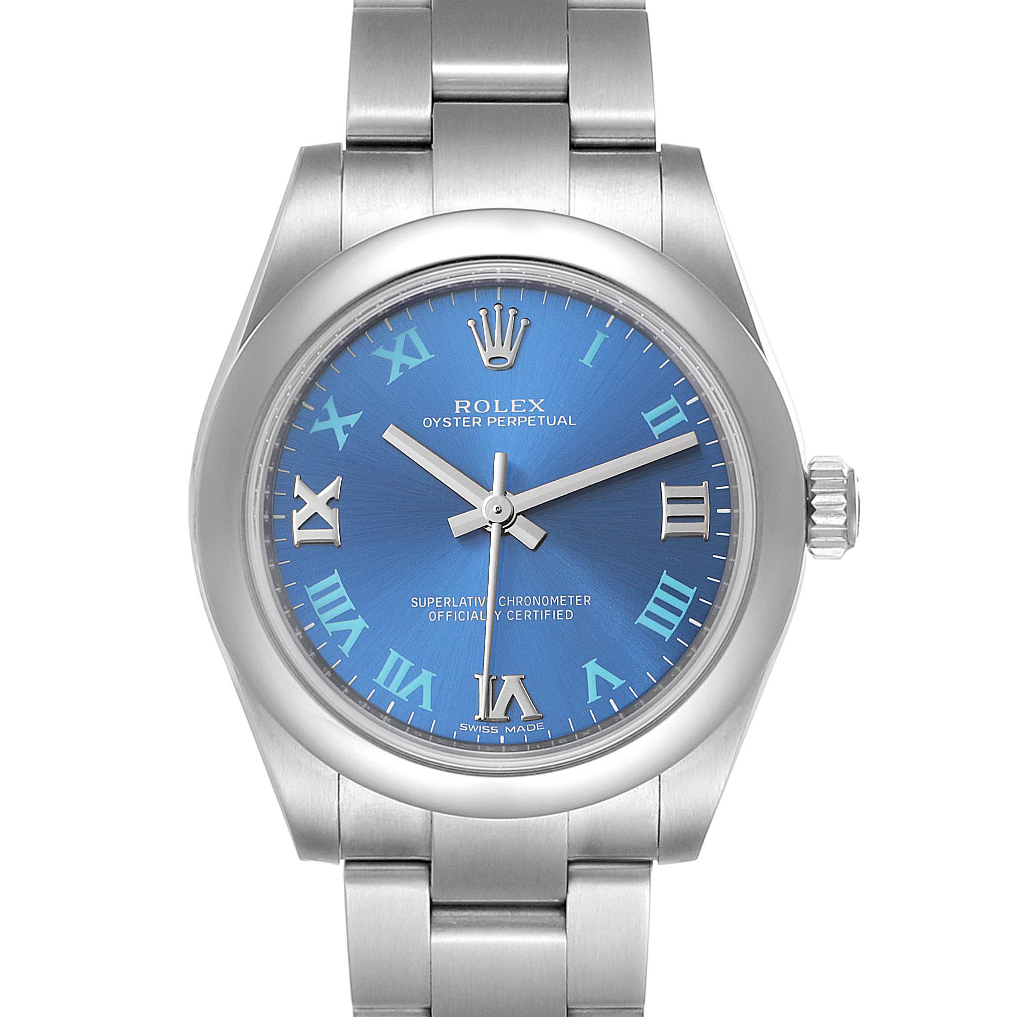 The image shows a top-down view of the Rolex Mid-Size 177200 Women
s Stainless Steel Blue Dial 177200 Women
s Stainless Steel Blue Dial Oyster Perpetual watch with a blue dial and a stainless steel bracelet.