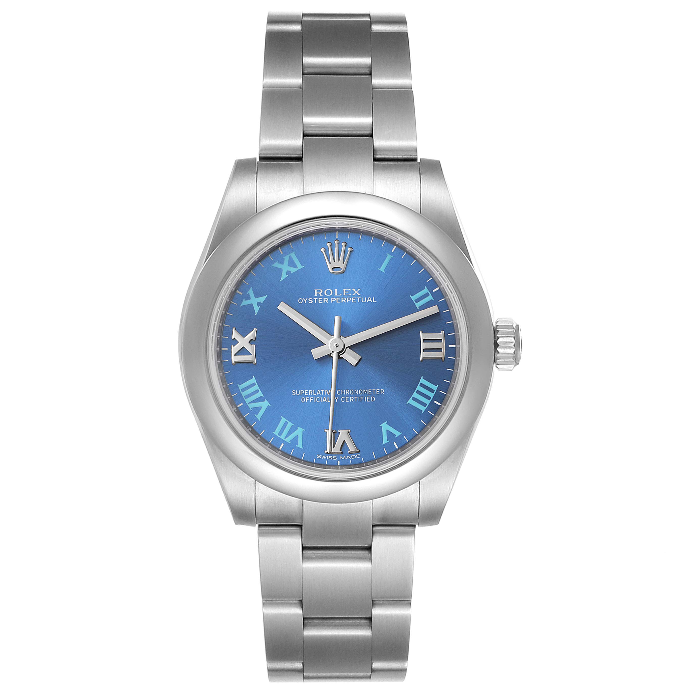 This Rolex Mid-Size 177200 Women
s Stainless Steel Blue Dial 177200 Women
s Stainless Steel Blue Dial model is shown in a front view, displaying its blue dial, stainless steel case, and bracelet.