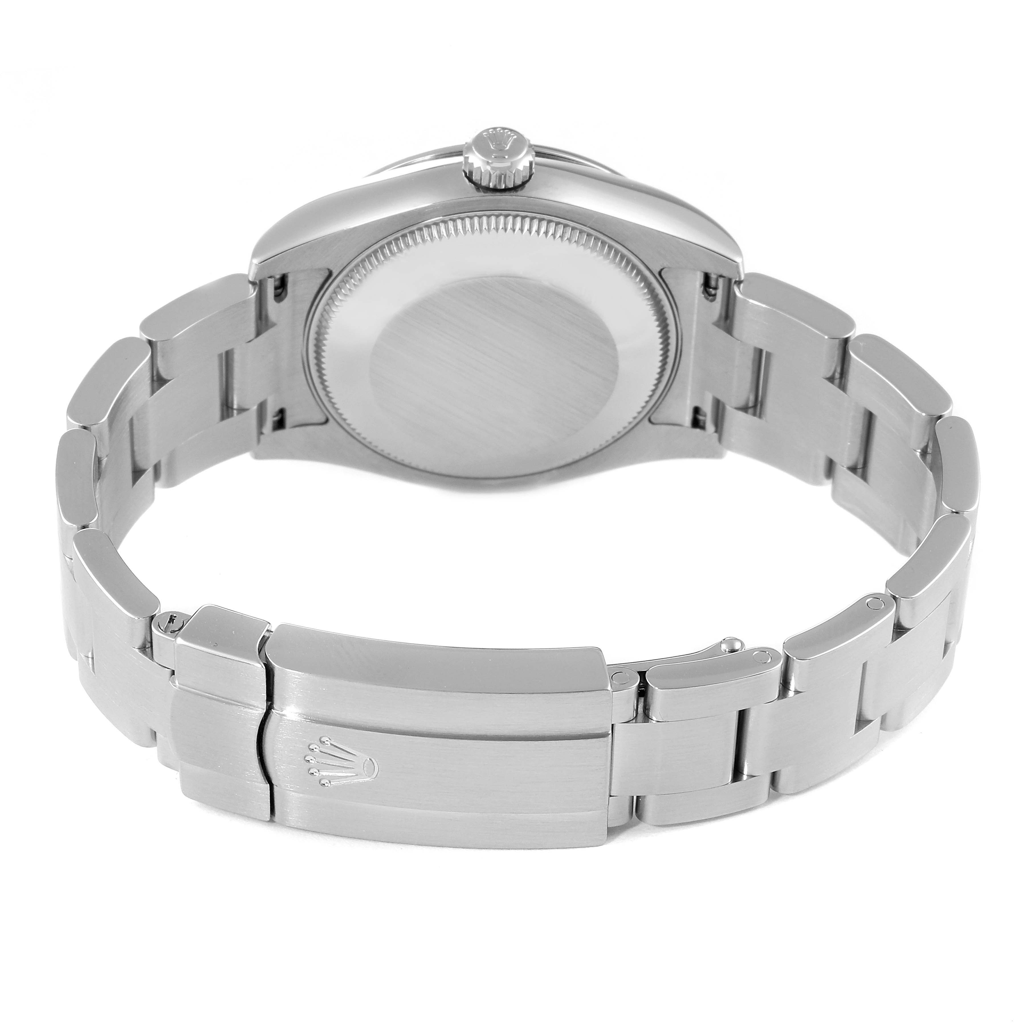 This image shows the back and bracelet of a Rolex Mid-Size 177200 Women
s Stainless Steel Blue Dial 177200 Women
s Stainless Steel Blue Dial model watch from a rear angle.