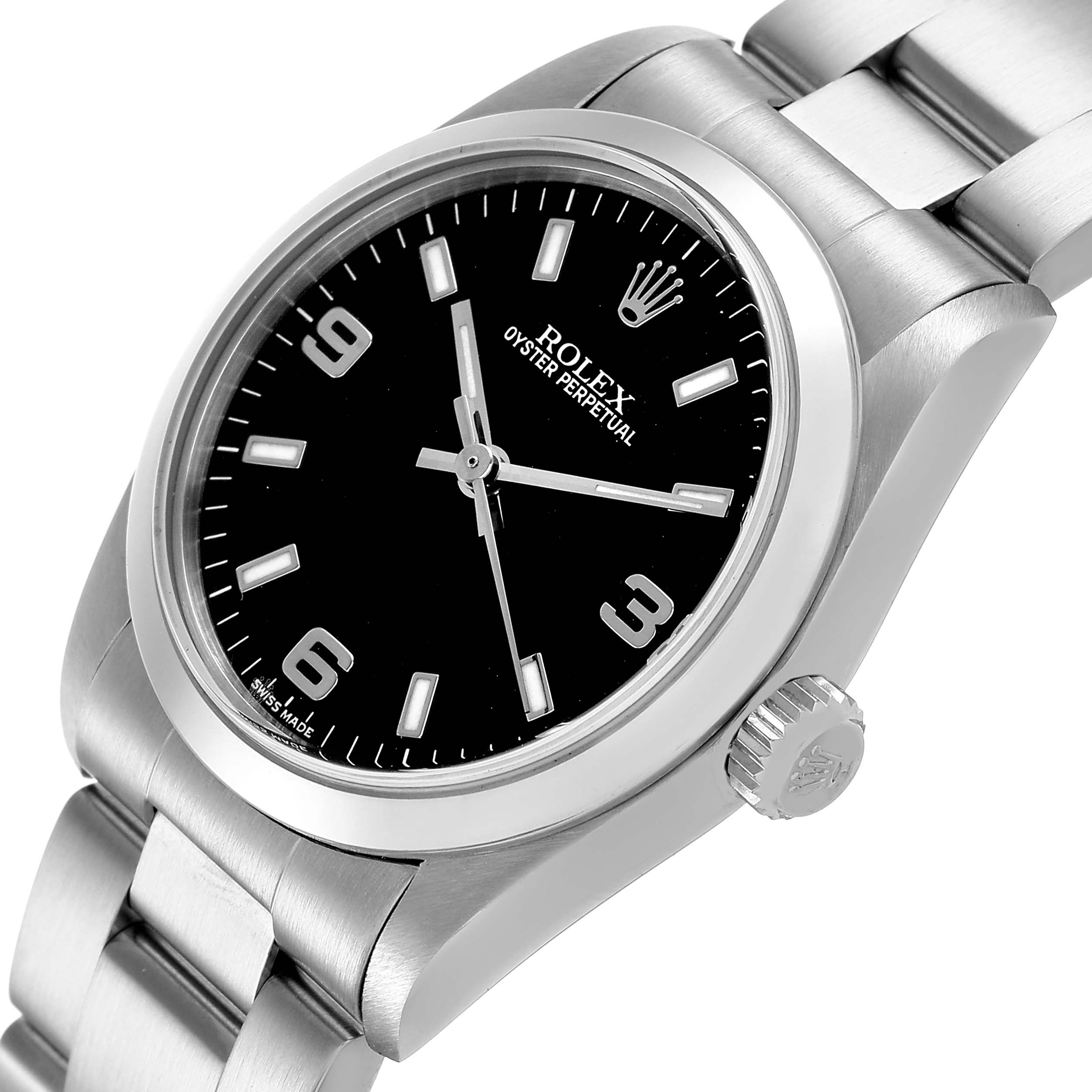 The Rolex Oyster Perpetual 77080 Women's Stainless Steel Black Dial watch is shown at an angled view, highlighting the dial, bezel, crown, and part of the bracelet.