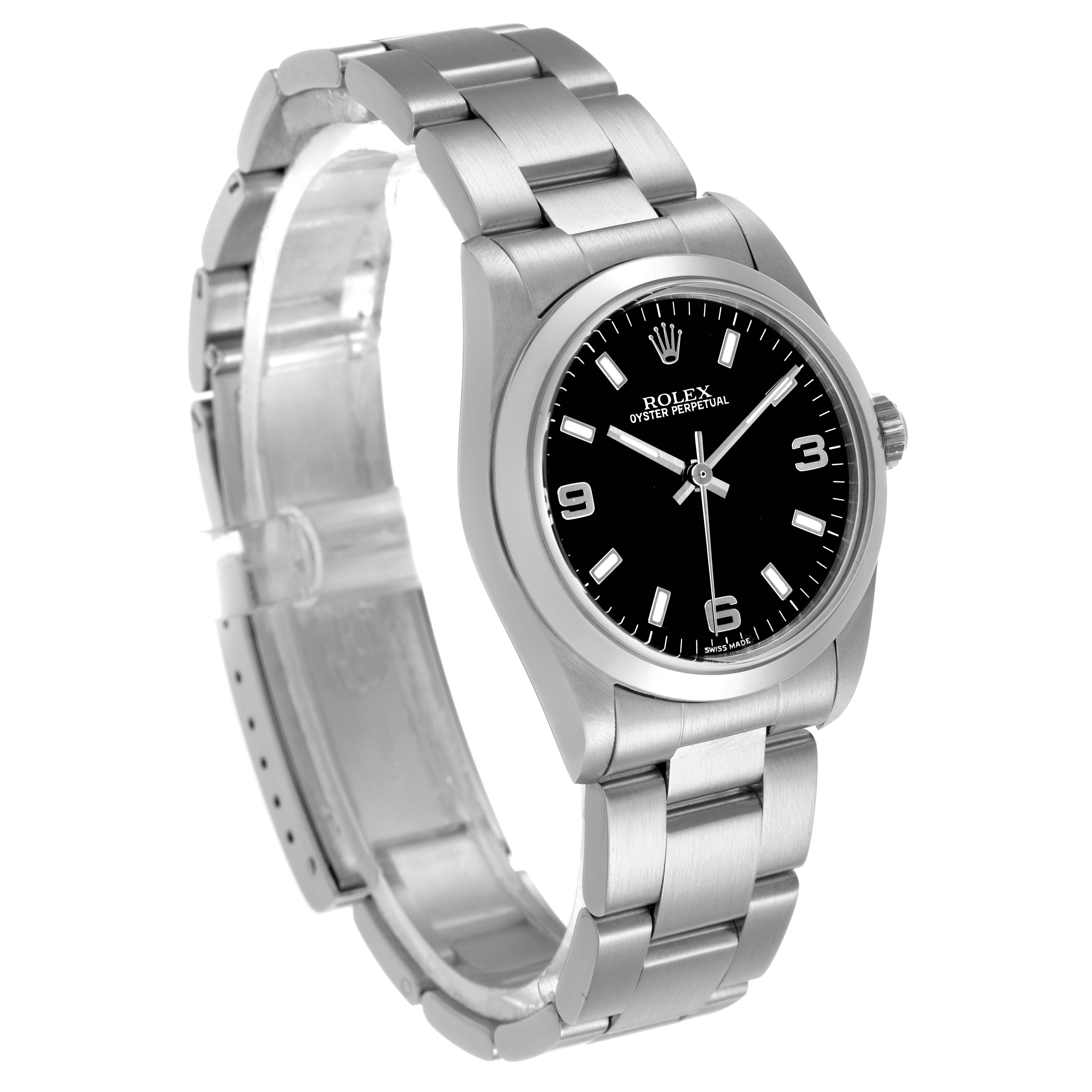 The Rolex Oyster Perpetual 77080 Women's Stainless Steel Black Dial watch is shown at a three-quarter angle, highlighting the bracelet, bezel, crown, and black dial.