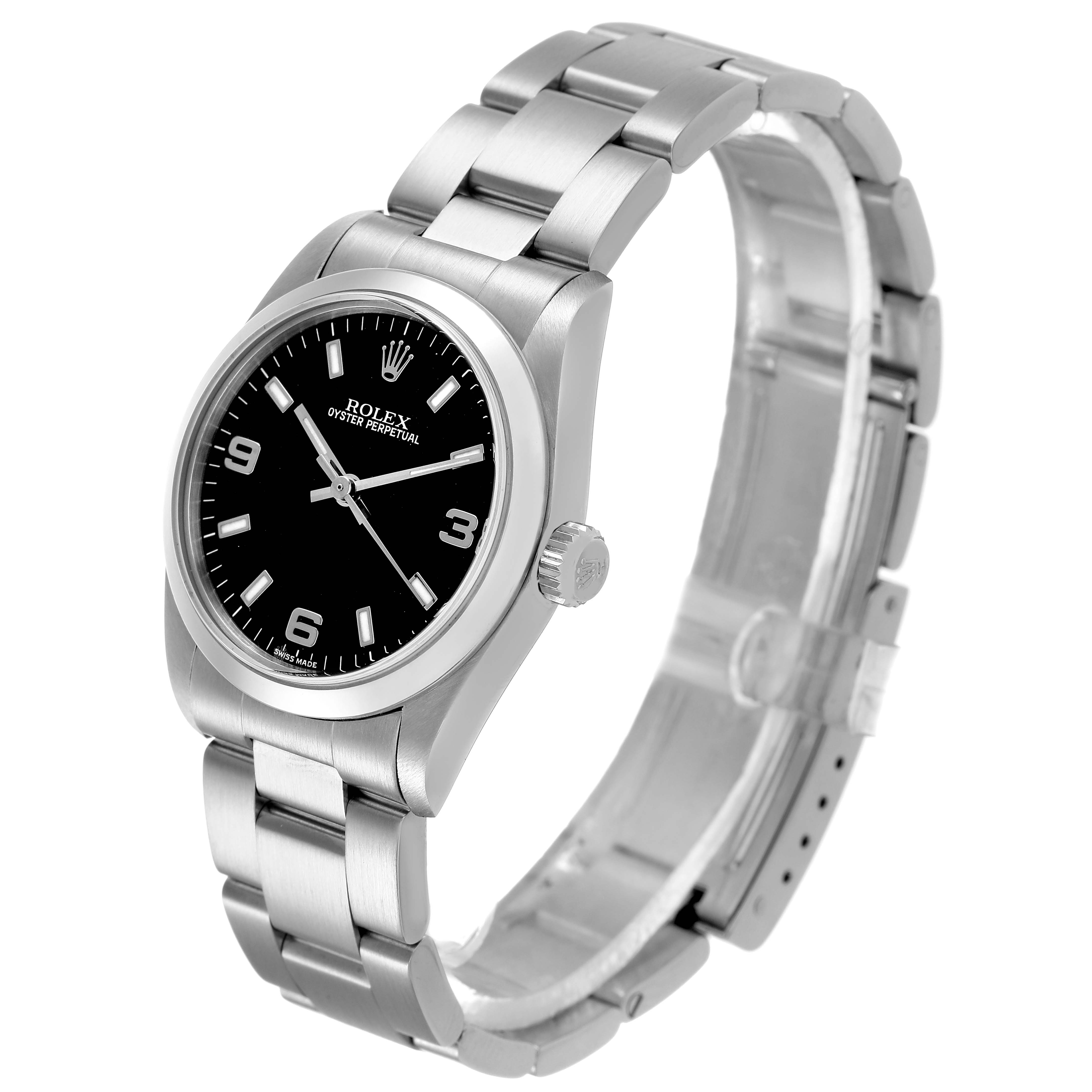The Rolex Oyster Perpetual 77080 Women's Stainless Steel Black Dial watch is shown at a three-quarter angle, highlighting the face, bezel, crown, and bracelet.