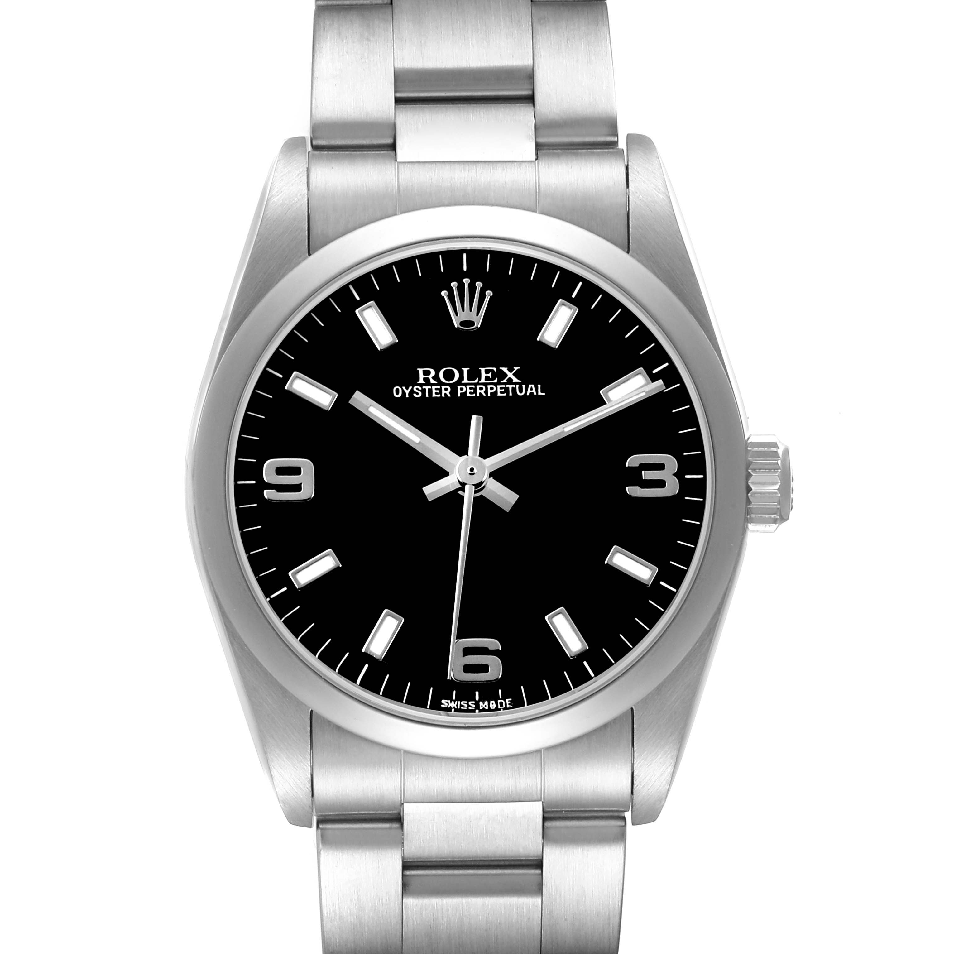 The Rolex Oyster Perpetual 77080 Women's Stainless Steel Black Dial watch is shown front-facing, displaying its face, bezel, crown, and part of the bracelet.