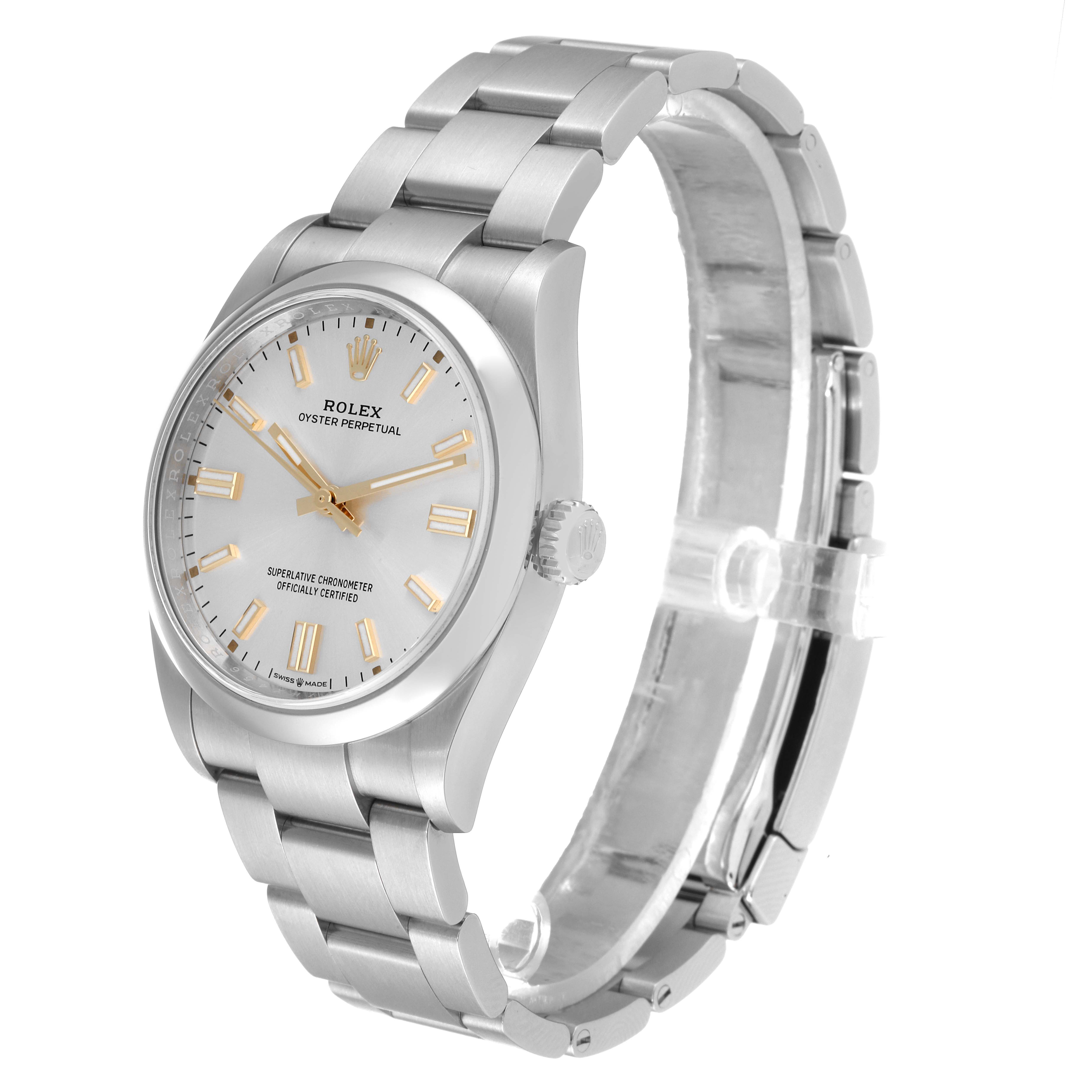This image shows a side angle view of the Rolex Oyster Perpetual 126000 Men's Stainless Steel Silver Dial 126000 Men's Stainless Steel Silver Dial watch, featuring the dial, bezel, crown, and bracelet.