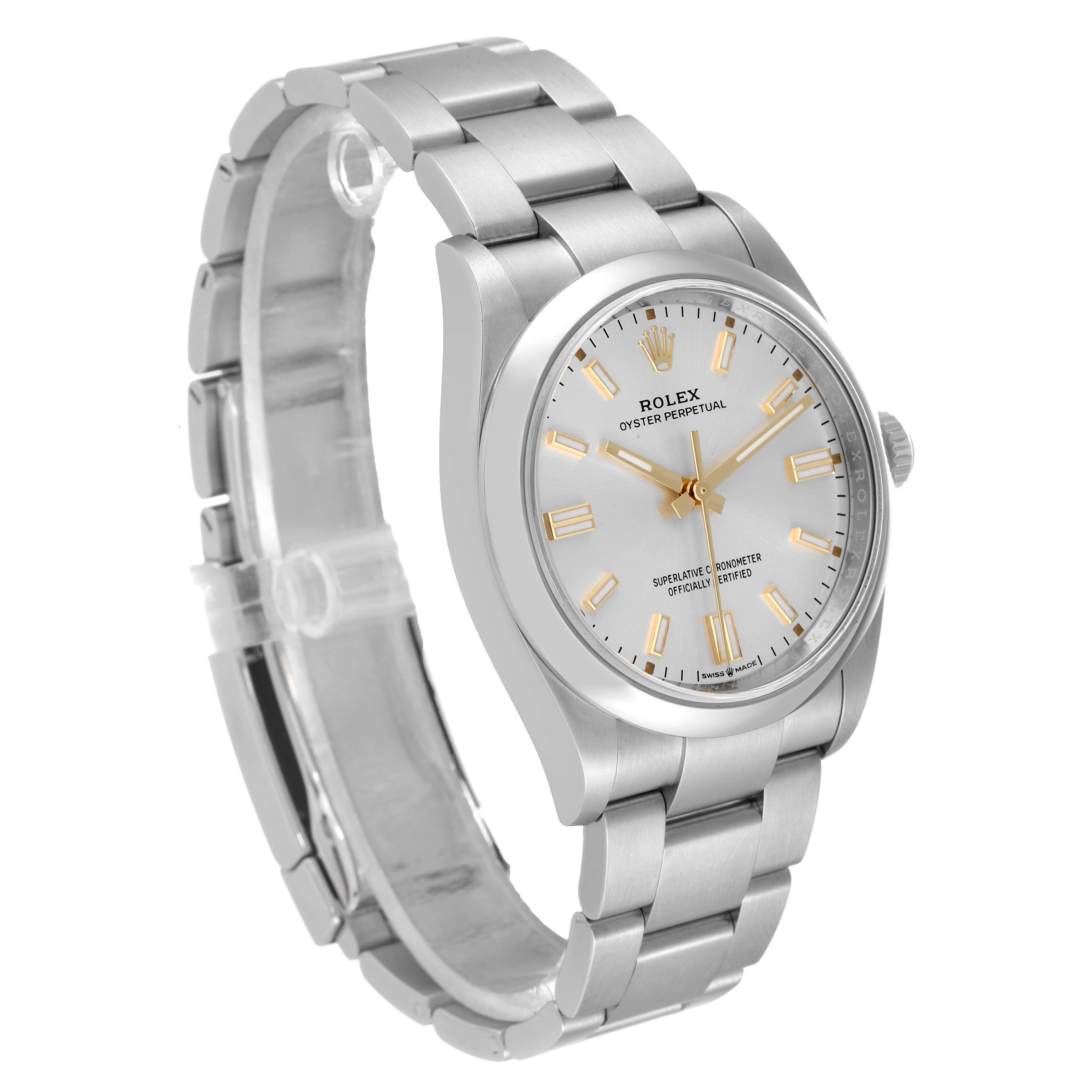 This image shows a Rolex Oyster Perpetual 126000 Men's Stainless Steel Silver Dial 126000 Men's Stainless Steel Silver Dial watch at a three-quarter angle, highlighting its face, case, and bracelet.