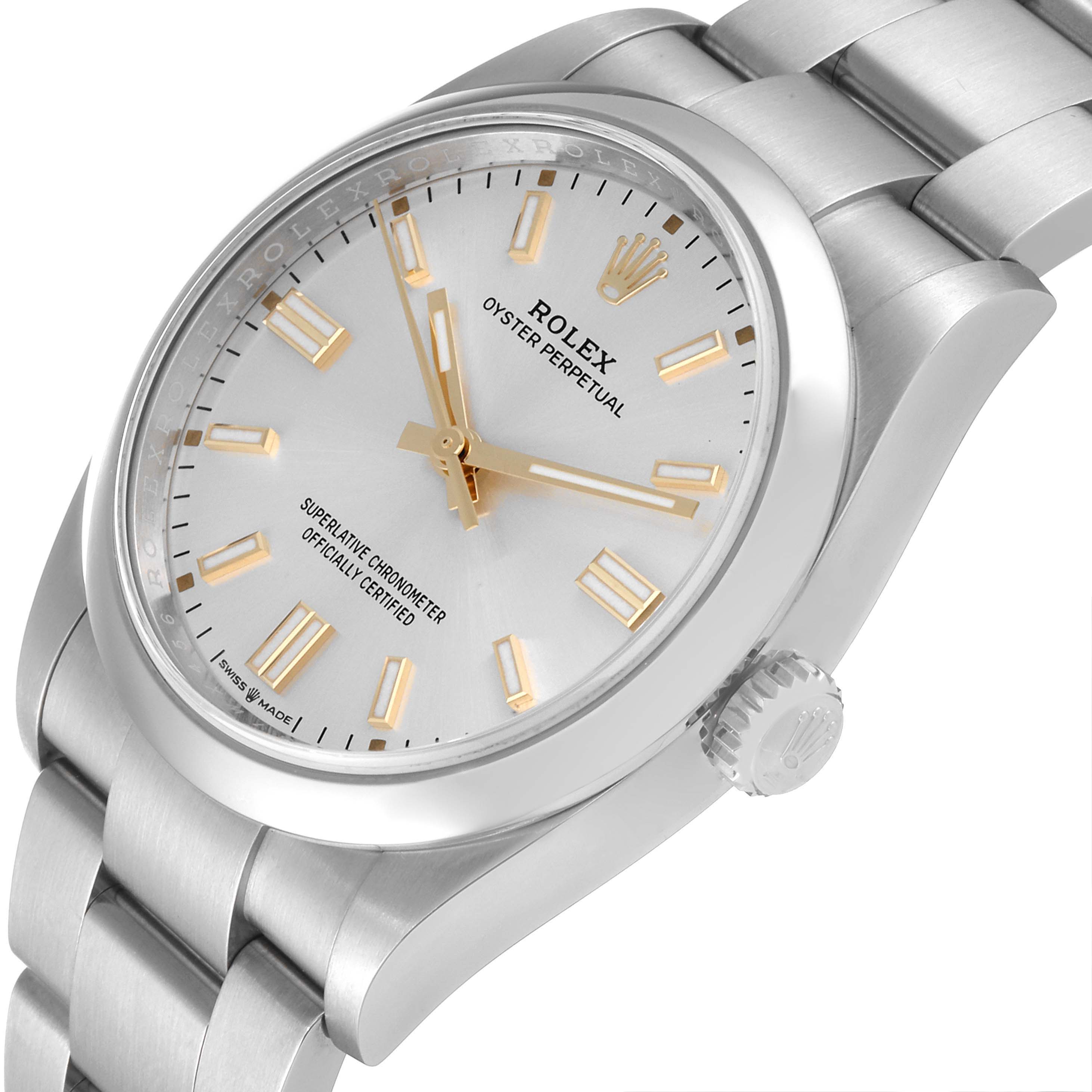 This image shows a close-up, angled view of the Rolex Oyster Perpetual 126000 Men's Stainless Steel Silver Dial 126000 Men's Stainless Steel Silver Dial watch, focusing on its dial, hands, bezel, crown, and bracelet.