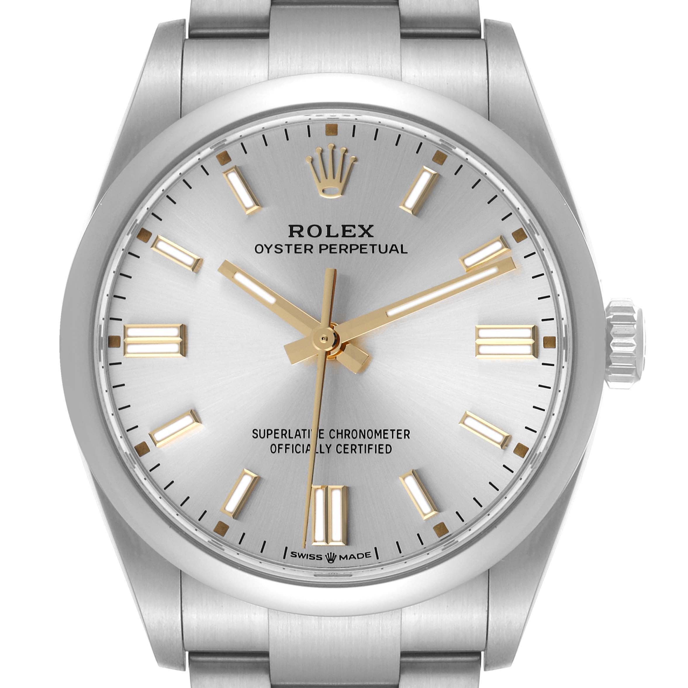 This image shows a frontal view of the Rolex Oyster Perpetual 126000 Men's Stainless Steel Silver Dial 126000 Men's Stainless Steel Silver Dial watch, highlighting its dial, hands, markers, crown, and part of the bracelet.