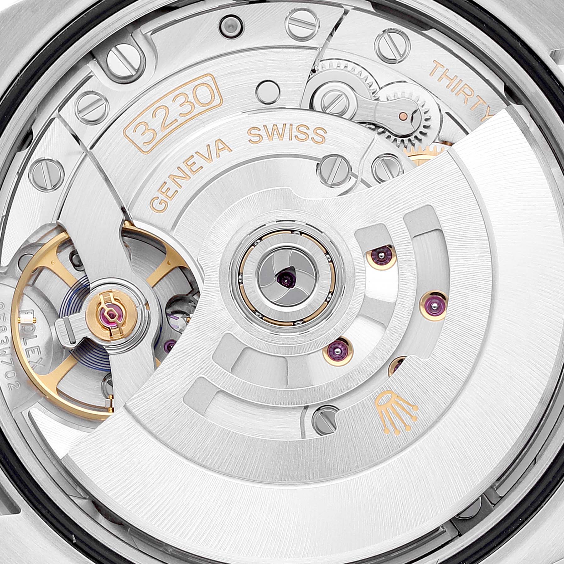 The image shows a close-up of the movement and intricate internal mechanism of the Rolex Oyster Perpetual 126000 Men's Stainless Steel Silver Dial 126000 Men's Stainless Steel Silver Dial watch.