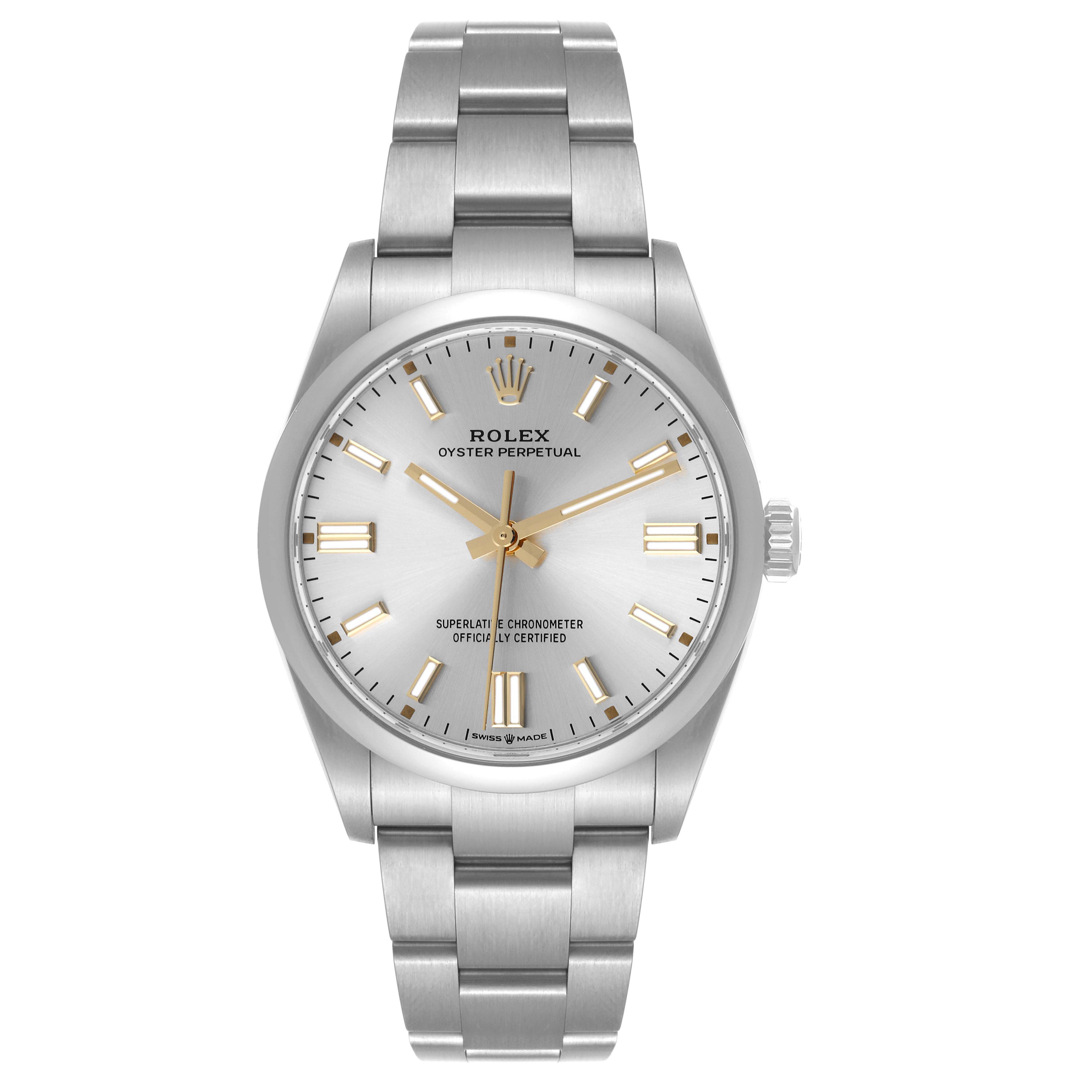 The image shows a front view of the Rolex Oyster Perpetual 126000 Men's Stainless Steel Silver Dial 126000 Men's Stainless Steel Silver Dial, highlighting the dial, hands, hour markers, bezel, and bracelet.