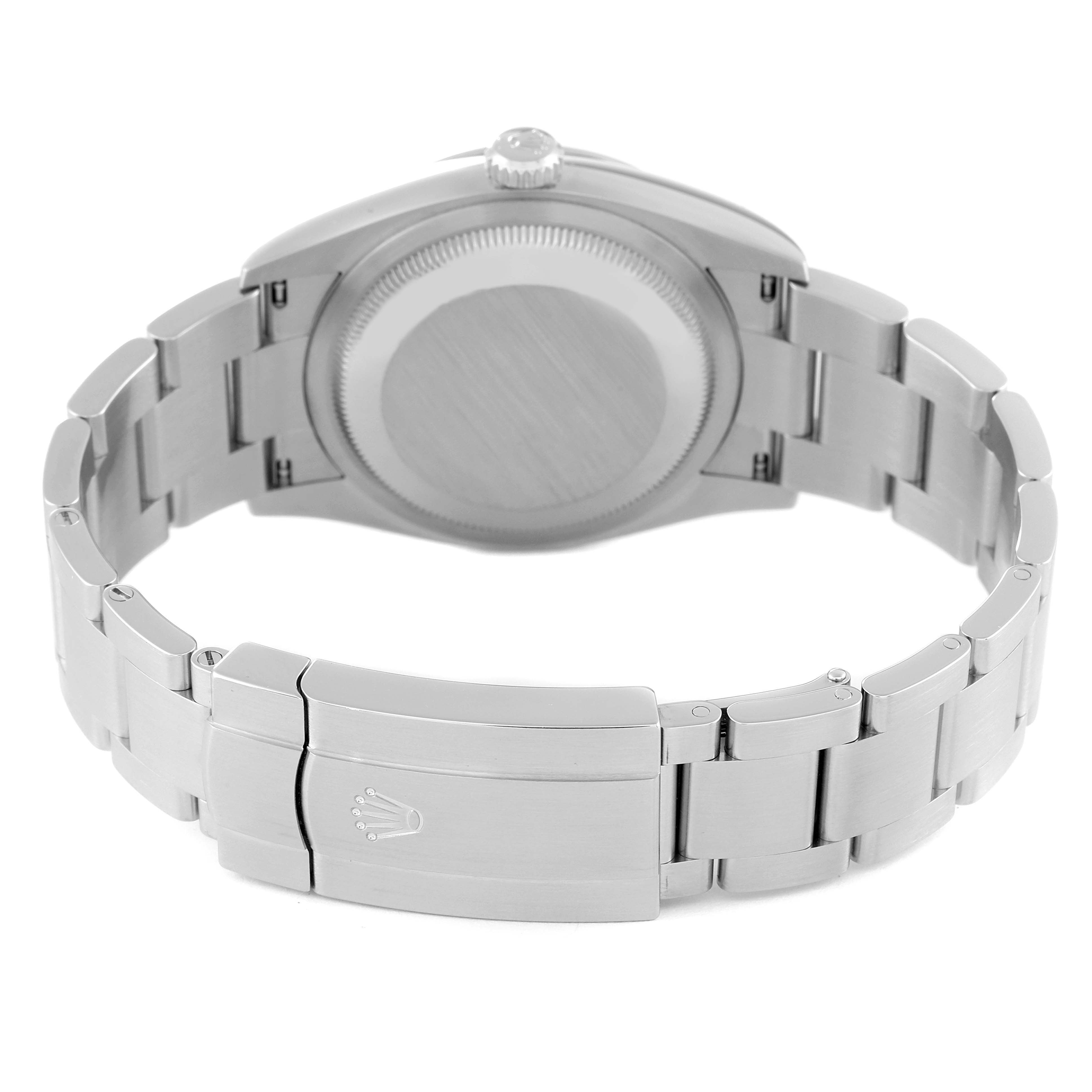 The image shows the back and clasp of the Rolex Oyster Perpetual 126000 Men's Stainless Steel Silver Dial 126000 Men's Stainless Steel Silver Dial watch in a straight-on angle.
