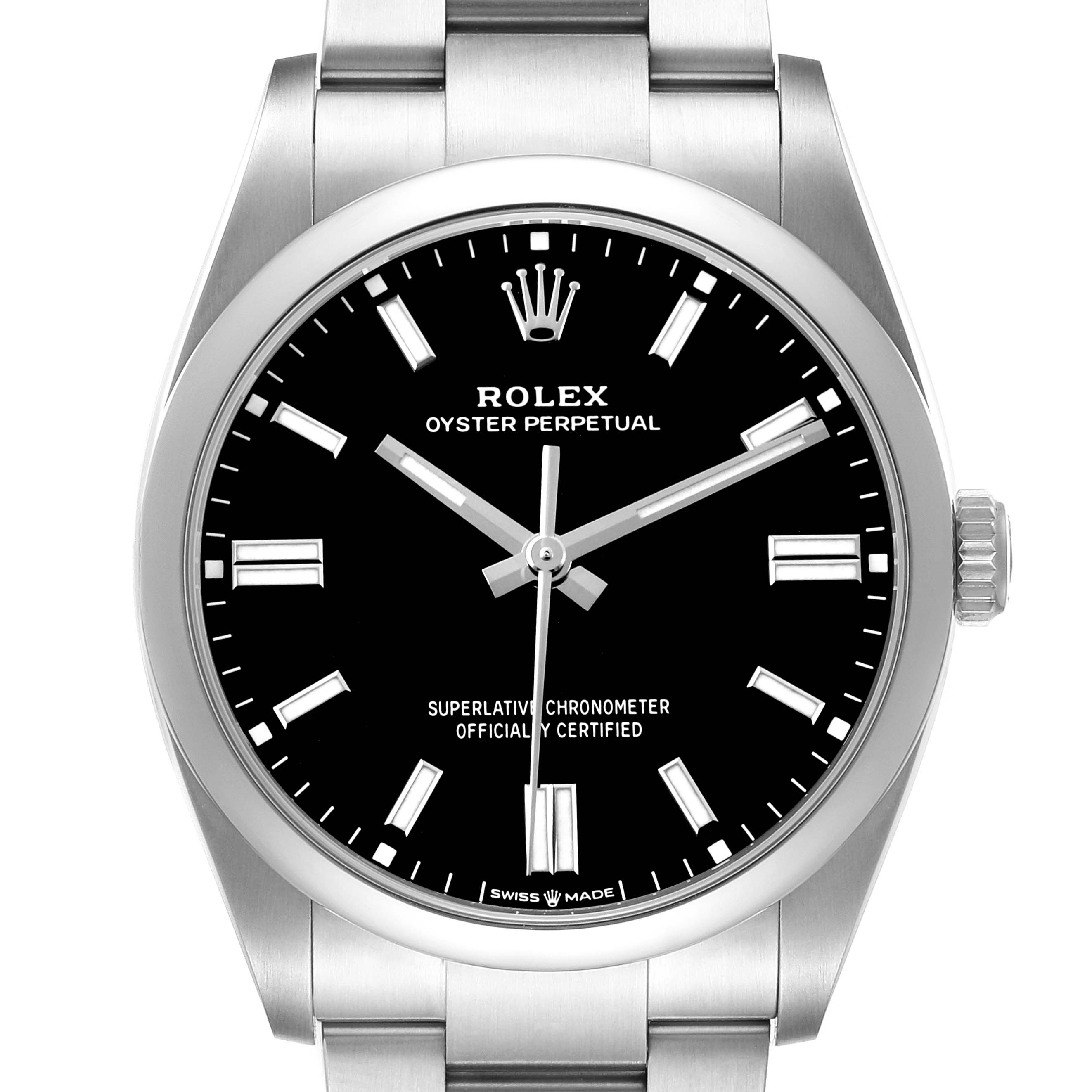 The Rolex Oyster Perpetual 126000 Men's Stainless Steel Black Dial watch is shown from the front, displaying its black dial, markers, hands, and part of its metal bracelet.