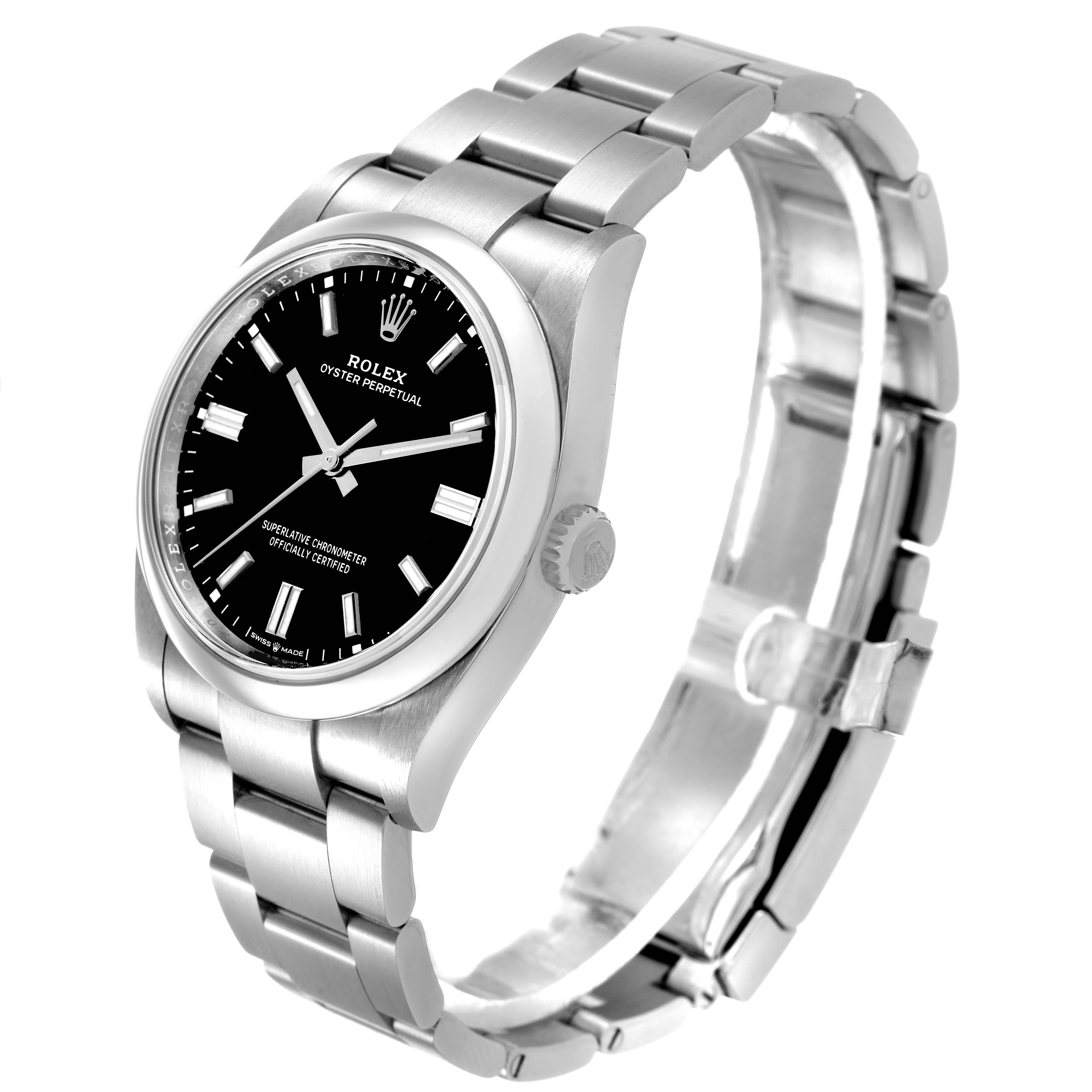 The Rolex Oyster Perpetual 126000 Men's Stainless Steel Black Dial watch is shown at a three-quarter angle, highlighting the dial, case, crown, and bracelet.