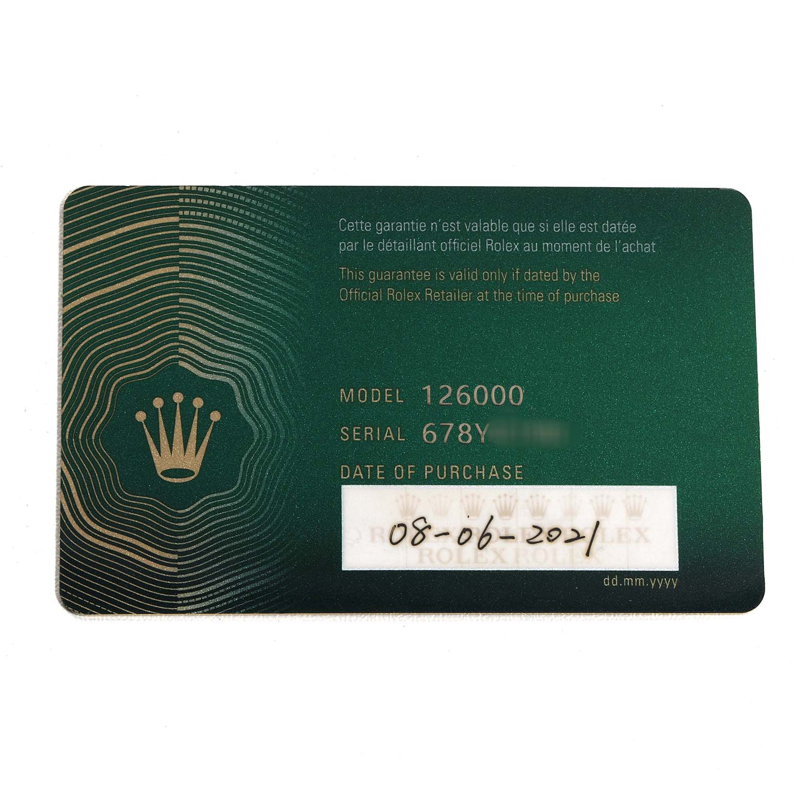 The image shows a warranty card for a Rolex Oyster Perpetual 126000 Men's Stainless Steel Black Dial, model number 126000.