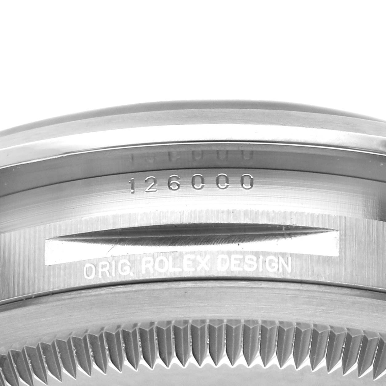 The image shows the side view of a Rolex Oyster Perpetual 126000 Men's Stainless Steel Black Dial watch case with engraved model number and Rolex design details.