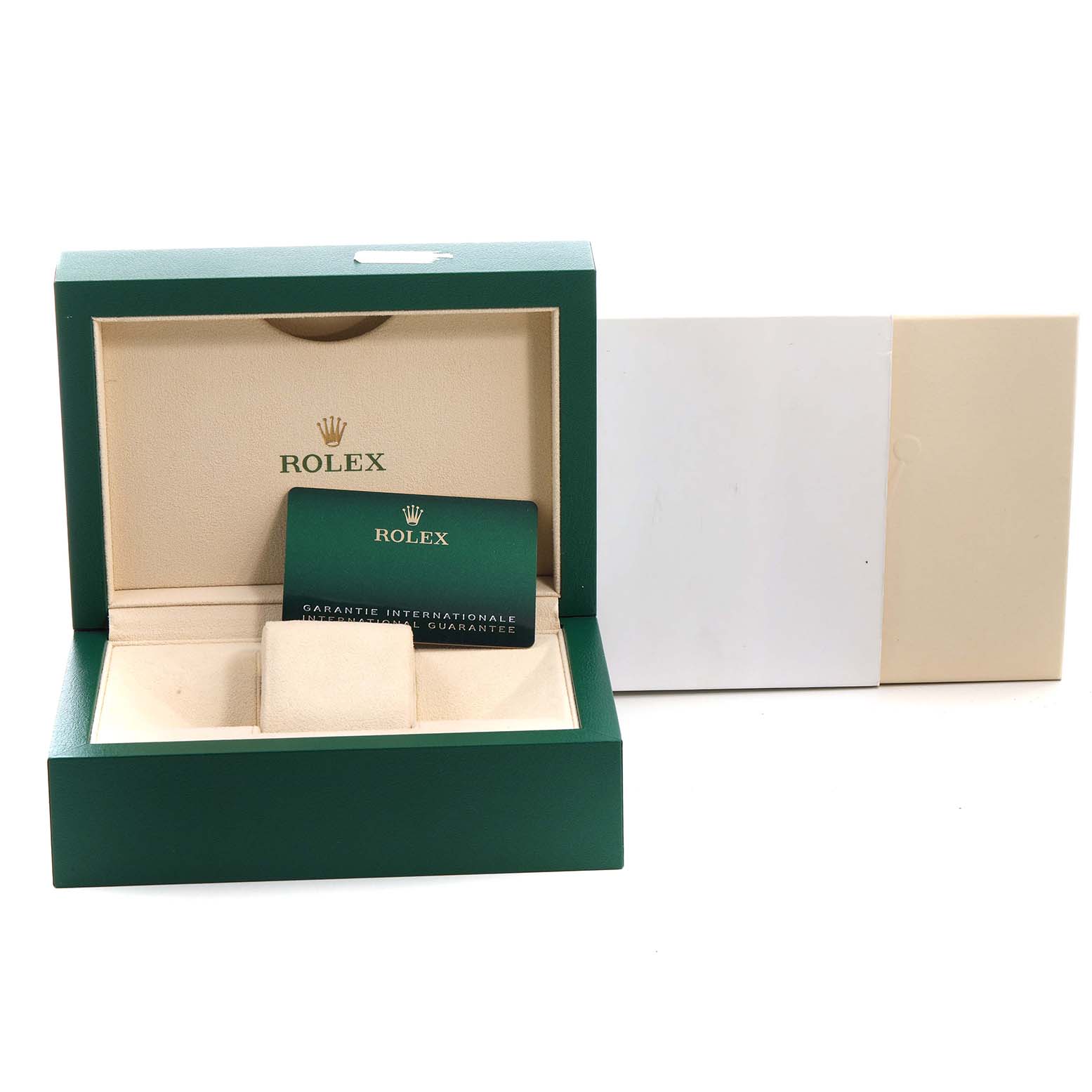 The image shows the open box and guarantee card for a Rolex Oyster Perpetual 126000 Men's Stainless Steel Black Dial watch.