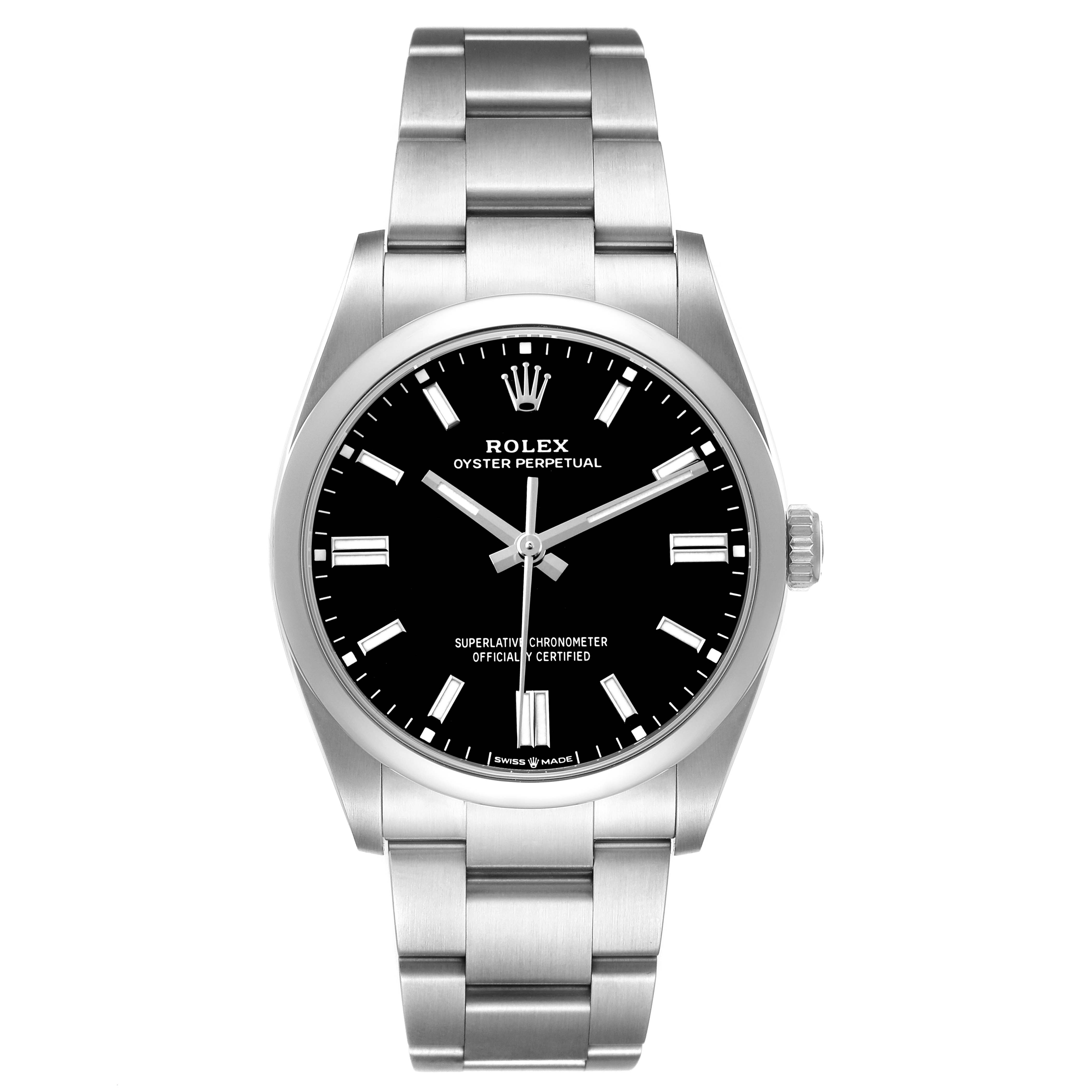 The Rolex Oyster Perpetual 126000 Men's Stainless Steel Black Dial watch is shown from a front angle, featuring the black dial, markers, case, and bracelet.