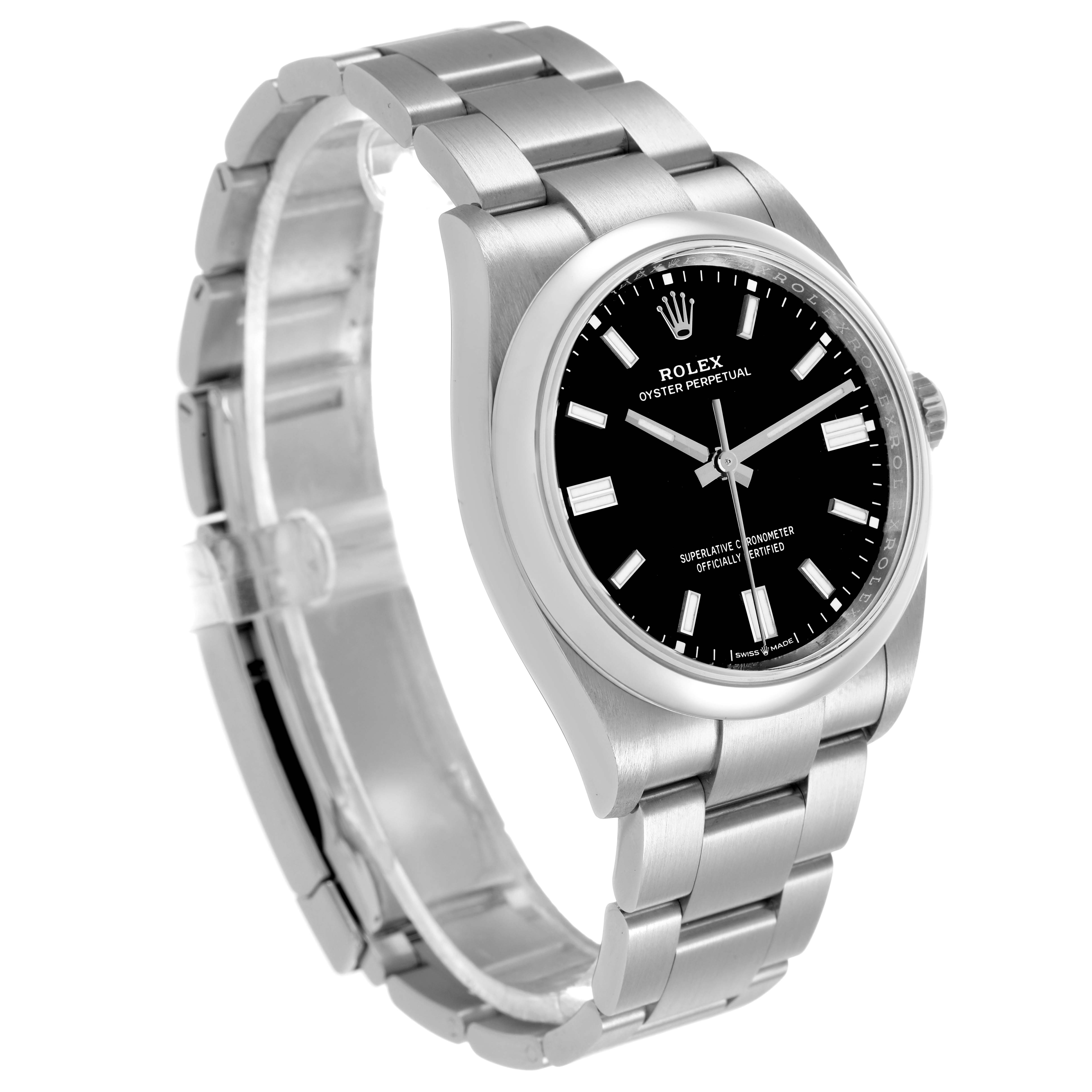 The Rolex Oyster Perpetual 126000 Men's Stainless Steel Black Dial watch is shown at a slight side angle, displaying the face, bezel, and bracelet.