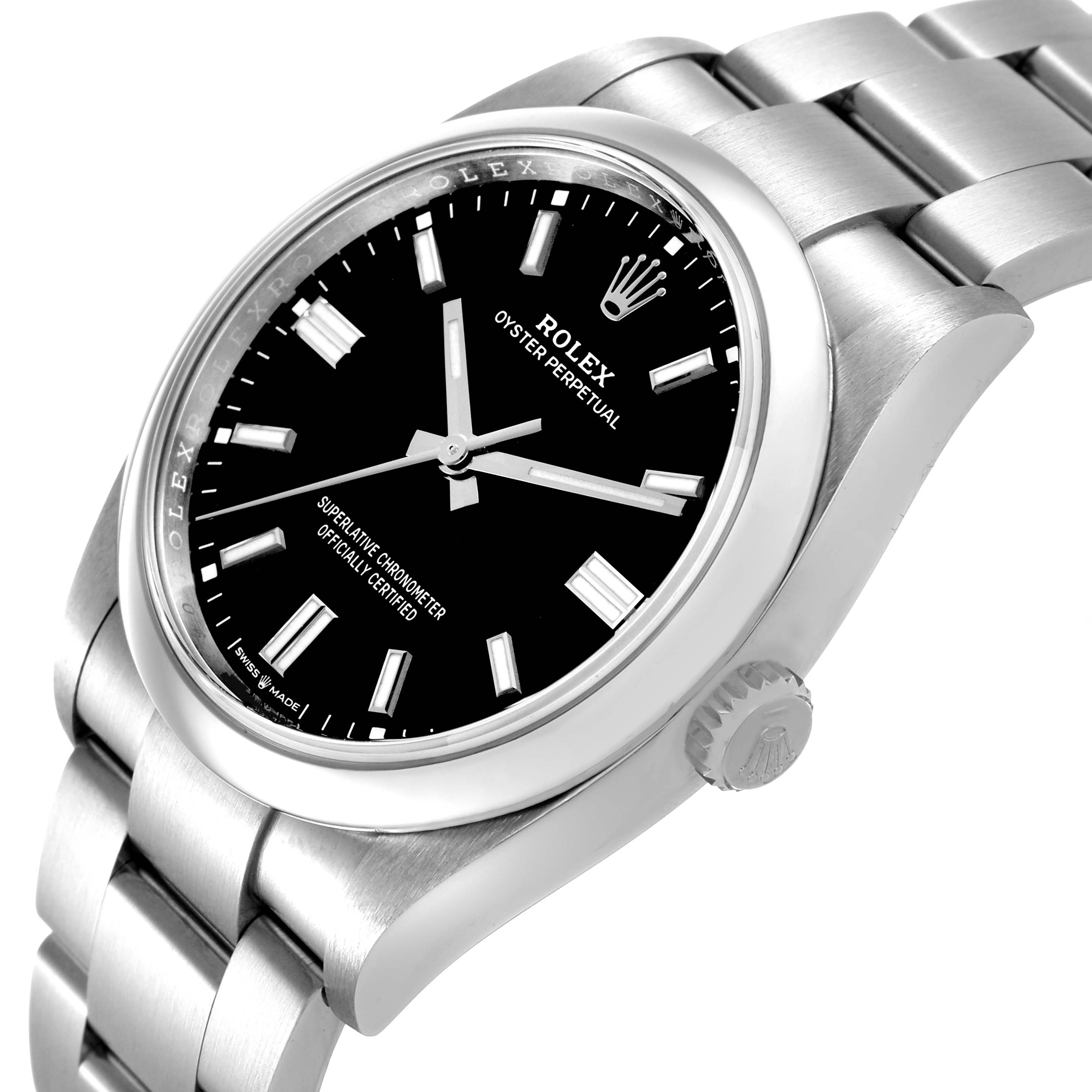 The Rolex Oyster Perpetual 126000 Men's Stainless Steel Black Dial watch is shown at an angled side view, highlighting the dial, bezel, and bracelet.