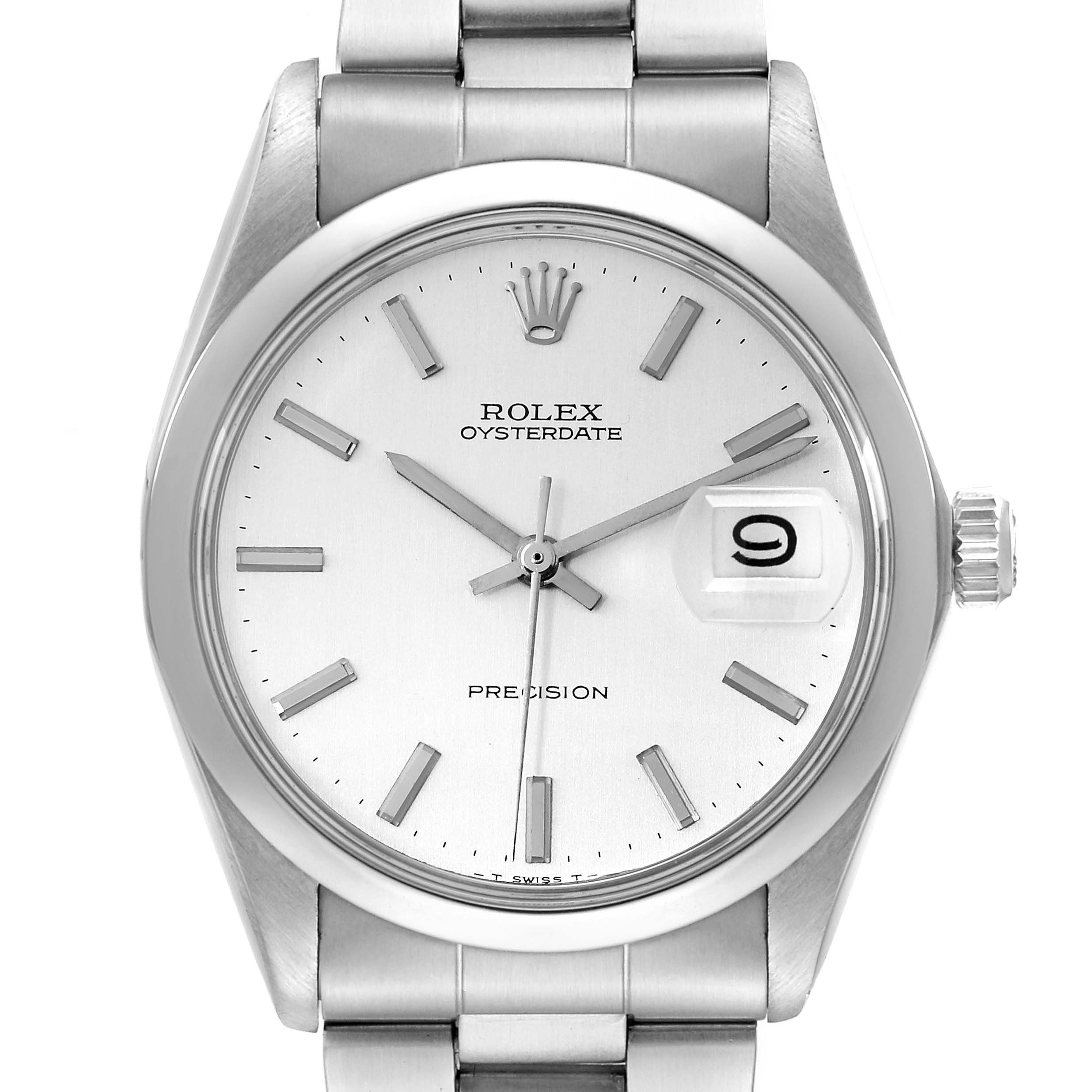 The image shows a front view of the Rolex Vintage Collection 6694 Men's Stainless Steel Silver Dial 6694 Men's Stainless Steel Silver Dial Oysterdate Precision watch, highlighting its dial, hands, and date magnifier.